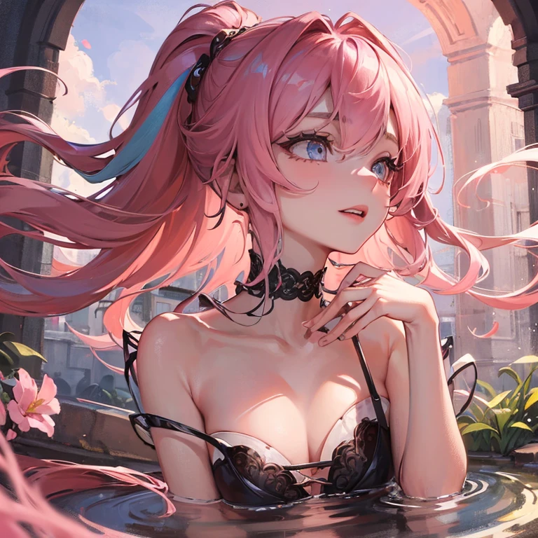 (best quality:1.3),(masterpiece:1.3),(illustration:1.3),(Super detailed:1.3),(imide shot:0.9),, , , 1 girl,alone,very young,Upper body,short neck,big breasts,, , from the side,from below,close up,, , , Pink heart shaped eyes,jewel eyes,extremely detailed eyes,extremely detailed face,(seductive smile:0.8),(open mouth:0.3),Tiger teeth,Charming expression,There is saliva between the lips,, , , dirty stream, muddy water, garbage floating, rotten stench, unforgettable melody, scattered syringes, The Contaminated Mystery, abandoned tranquility, the forgotten path, Pebble river bed , Double tail, maid,Pink hair,