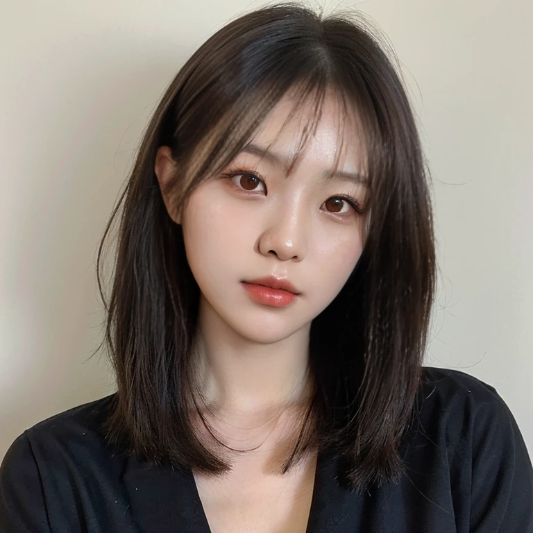 Best Quality, 8k, Masterpiece, (Portrait: 1.3), (photo realistic:1.4), (hyper realistic:1.4), Sharp Focus, looking at viewer, (smoother lighting:1.1), (increase cinematic lighting quality:0.9), realistic lighting, backlighting, light on face, ray trace, (brightening light:1.2), (Increase quality:1.4), sharp detail, (best quality real texture skin:1.4), finely detailed eyes, black_eyes, finely detailed face, 25 year old Korean woman