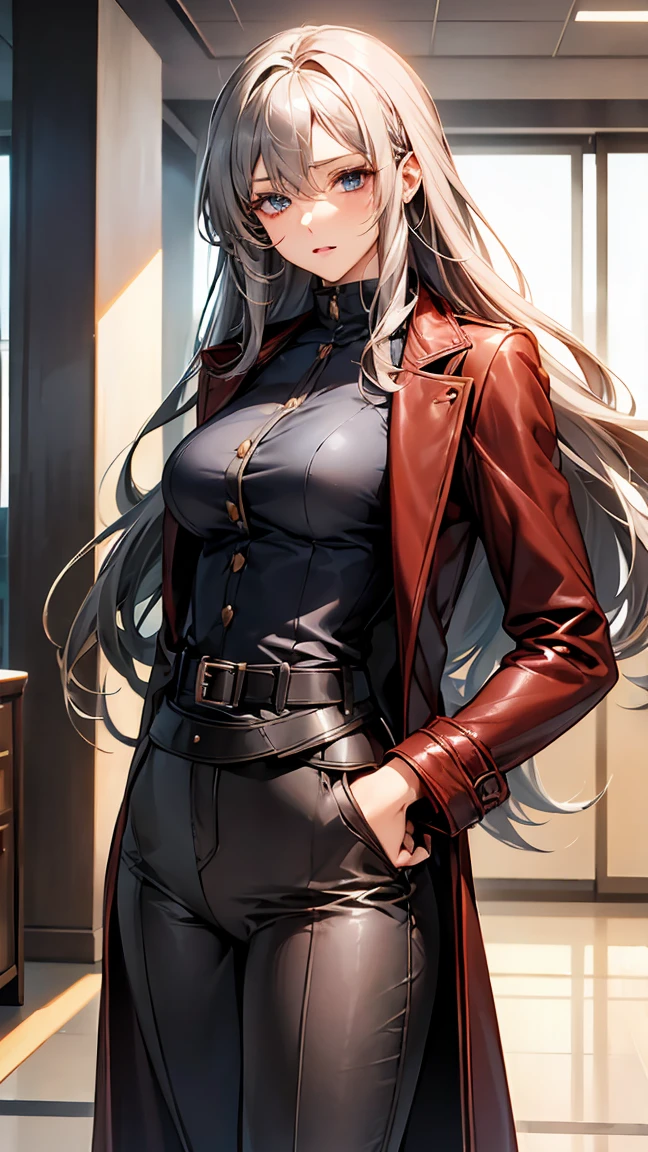 (mature woman1name), (gray hair, long hair:1.3), blue colored eyes, (medium breasts), (red leather long coat), belt, pants, office, masterpiece, high quality, (Female Masturbation)