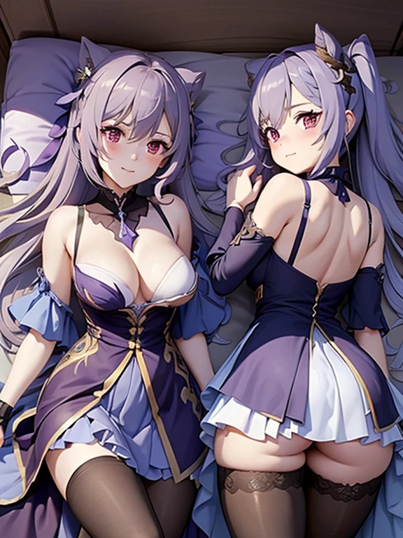 chef-d'artwork,best quality,8K,khd,1 fille allemande,humain ,Asuka Langley Soryu,((exquisite details)),,jeune,seul,Pauvre Chuchu, Huge neckline:2,Mes yeux pétillent, yeux petillants et doux,(yeux brillants de lumière:1.233),((cheveux longs violet pale)),Montre tes jambes, sourire desireux, Bouche ouvert,((robe en gaze marine transparente,very light gauze skirt, lying in bed, lying on the back, bras au dessus de la tete,Pas de soutien-gorge,riches bijoux en argent, chambre, lit)),(Beautiful and detailed eyes:1.3,regarde la caméra),rougir, scarlet cheek, lying in bed,fille embarasser, fille honteuse, embarrassed girl, Rear Lens:1.3, position sexy, position sexuelle, vetement ouvert, pied nu, dakimakura