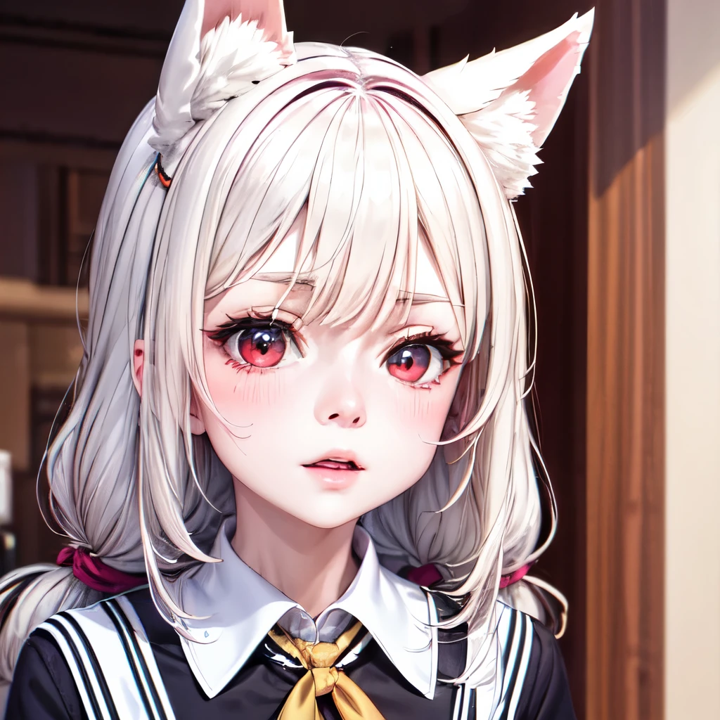 (masterpiece, best quality:1.2), Emoticon packages,red eyes，white hair，fox ears，pitiful，blush，looking down