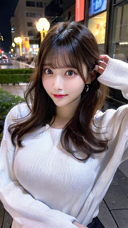 table top, highest quality, shape, Super detailed, finely, High resolution, 8k wallpaper, 完璧なダイナミックな構shape, beautiful and detailed eyes, winter dress,medium hair, small breasts, natural color lip, random sexy pose,smile,、20 year old girl、midnight、Beautiful and dense face、perfect and beautiful face,Big eyes、Raw photo、Spread your arms and legs wide、Express your best mood with your whole body、beautiful and detailed eyes、small face、beautiful duplex、slim face and style,blur the background