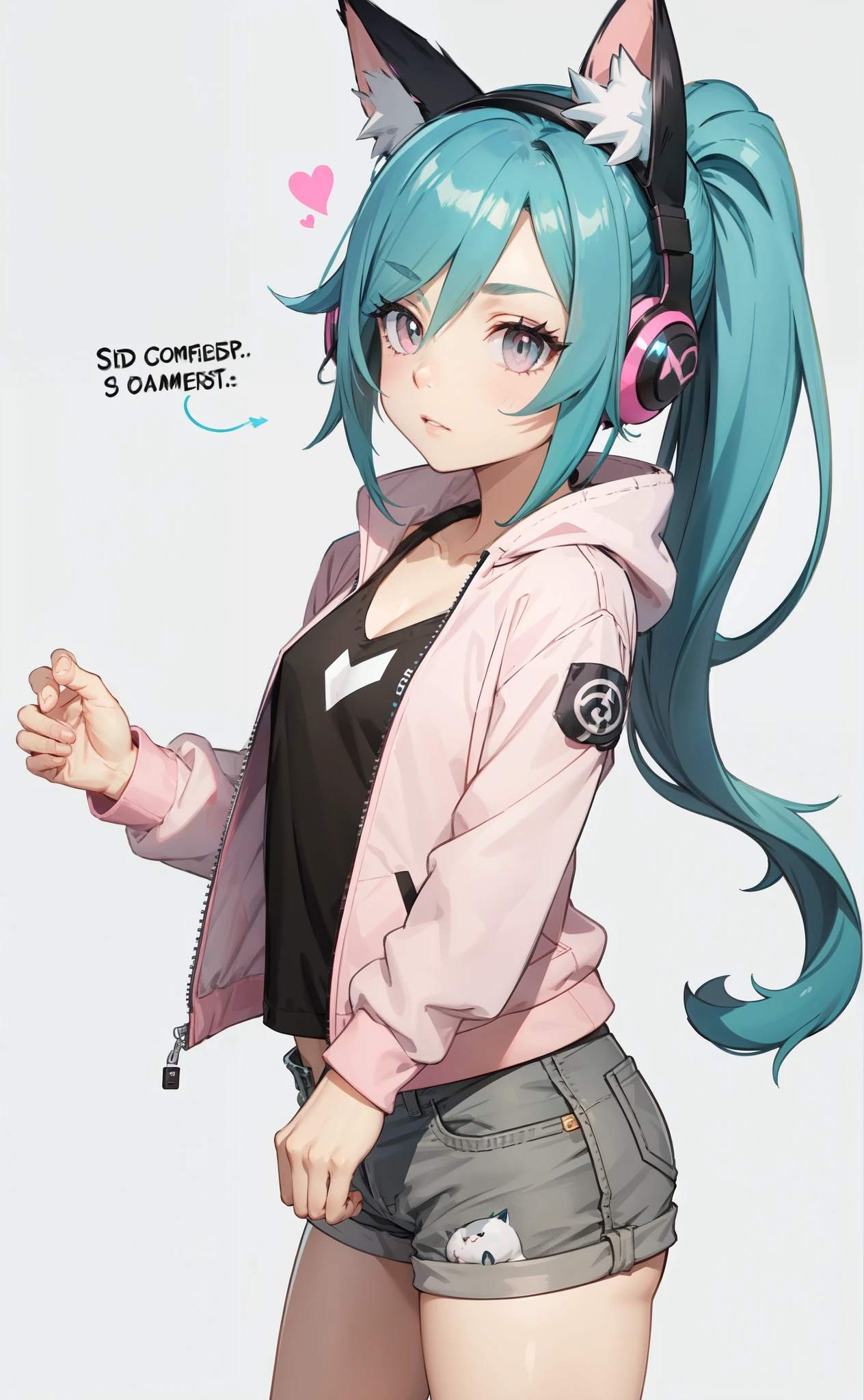 e, (confident gamer girl:1.3), cyan hair, ponytail, top quality, best quality, (character design:1.3), (1girl:1.3), cyberpunk, snaggletooth, (grey and pink colored eyes:1.4), (beautiful detailed eyes), black and white outfit, (sports bra:0.7), shorts, (open jacket), (hair over eyes), (side swept hair:1.5), (dramatic front hair), (spiky bangs), (bangs pulled back), cat ears, cat tail, headphones, pokemon trainer, genshin character