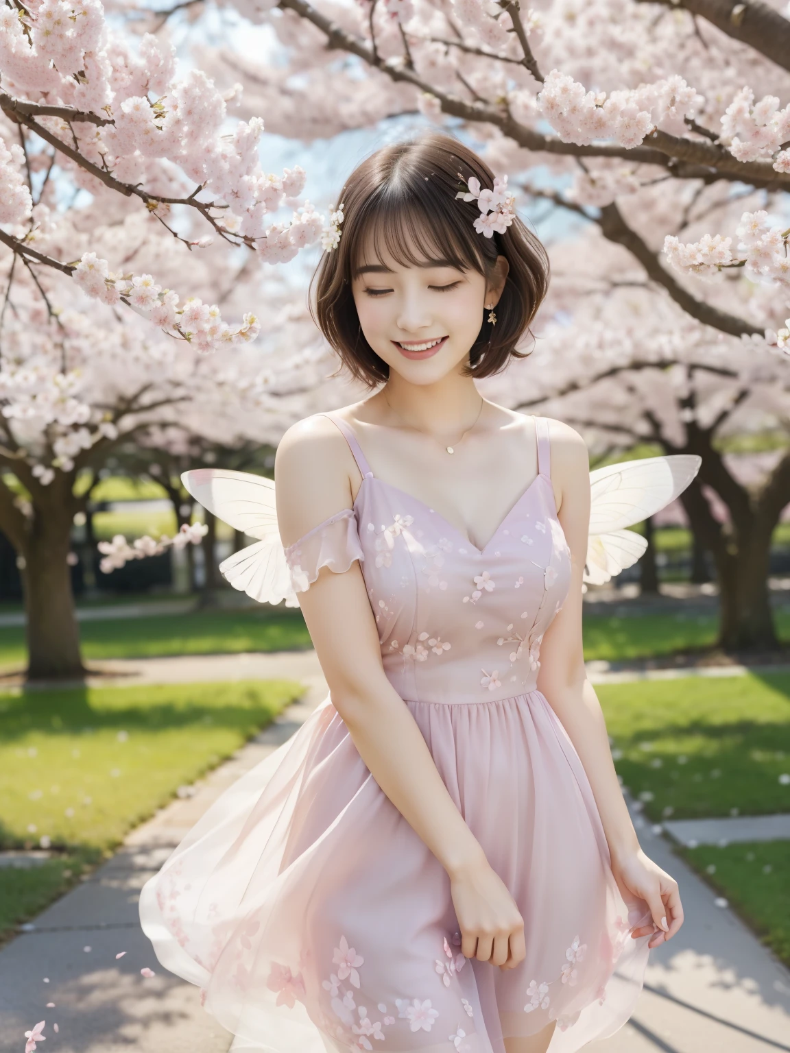(High resolution,highest quality,Super detailed,realistic:1.37),Bright colors,Cherry blossom fairy standing in a park with cherry blossoms in full bloom,Shining with blooming flowers,bright sunshine,delicate petals,Soft pink and white colors,mysterious beauty,sunlight filtering through the foliage,calm atmosphere,shining light,breeze,delicate wings,A fantastic and fascinating presence,peaceful and magical,petals scattered on the ground,short cut girl:1.3,Fun and playful expression,The Rite of Spring,blissful atmosphere.