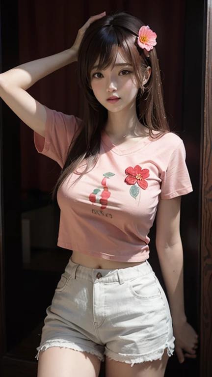 light red thin flower pattern T-shirt , Short pants , big breast , long hair