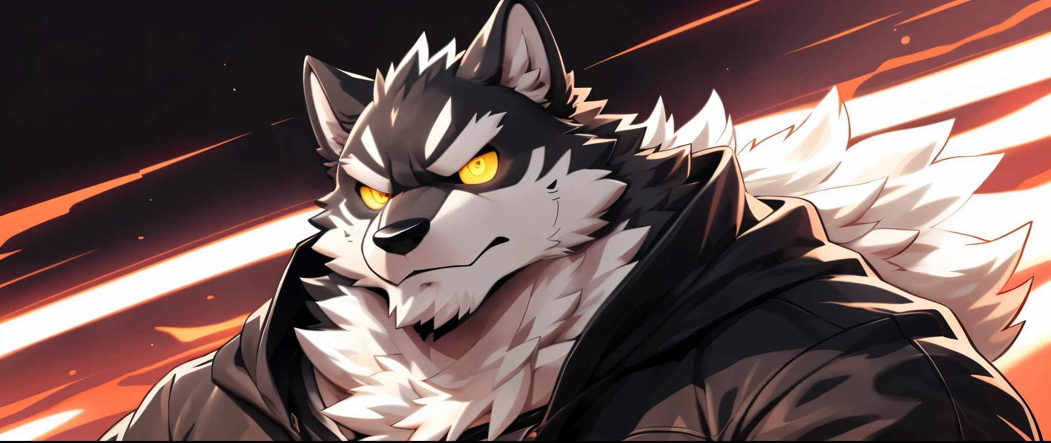 ((fluffy fur, fluffy, furry body)), detailed fluffy fur, detailed face, (glowing eyes, detailed eyes), (ultra detailed), sharp focus, niji, eyesgod, furry, (gray-black fur:1.5), white beard, anthro (wolf), male, middle-aged, (white belly:1.5), (((muscular))), ultra detailed face, high details, high quality, (best quality,4k,8k,highres,masterpiece:1.2), by takemoto arashi, by kulplant, by null-ghost, by 69panda, dynamic lighting, (looking at viewer), (serious face, furrowed eyebrow:1.4), (simple background), (face focus), (Persona 5 Art Style), (lineart:1.3), ((IncrsPersCutIn:1.3))