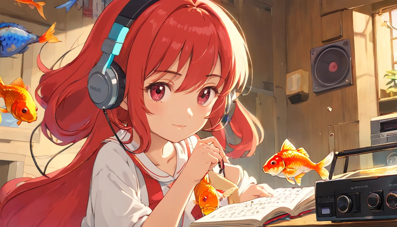 (((Girl's UP)))、(((The girl's face is well visible)))、Goldfish鉢、たくさんGoldfishが浮いてる、(())、(((cassette tape、radio cassette player、record)))、cute beautiful girl、((Listening to music with headphones on))、machine、Note、computer、light bulb、window、Chair、curtain、retro、(((80s))) Neon color、pastel colour、((Red and white room))、Polka dot pattern、Goldfish、80'sパターン、round pattern、square pattern、Cartoon screentones、Dot pattern is applied from above、Goldfish鉢、Bubble、candy、(((Get into a rhythm))), (((lofi-art))), 小さいGoldfishたち、(((The structure and balance of the face of the human body, objects, and living things are well-balanced without any discomfort.))), (((the fingers of the hand5Book))), (((beautiful and well-shaped body)))、(((Cute and beautiful face)))、Goldfish鉢、summer