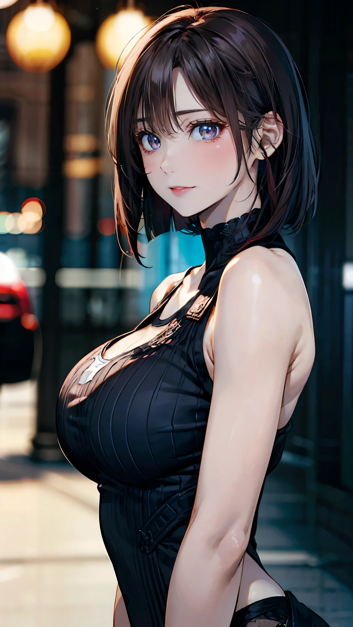 (masterpiece:1.2, highest quality), (realistic, photorealistic:1.4), beautiful illustrations, (natural side lighting, movie lighting),
looking at the viewer, Upper body, (Front view), 1 girl, perfect face, Cute symmetrical face, shiny skin, , long eyelashes, (Extremely large breasts:1.3), (wide hips),short cut hair,
beautiful hair, beautiful face, fine and beautiful eyes, beautiful body, beautiful breasts, beautiful thighs, beautiful feet, beautiful fingers,
(beautiful scenery),(cute smile:1.3, upper grade), 24-year-old,pale skin,Hot Busty Beautiful Anime Girl with Waist,bodysuit, upper body shot, fine skin, face sharp focus, small eyes and pupils (And red lips), Detailed bob cut hair, Intricate details and sharp, global illumination, true shadow, Bokeh,