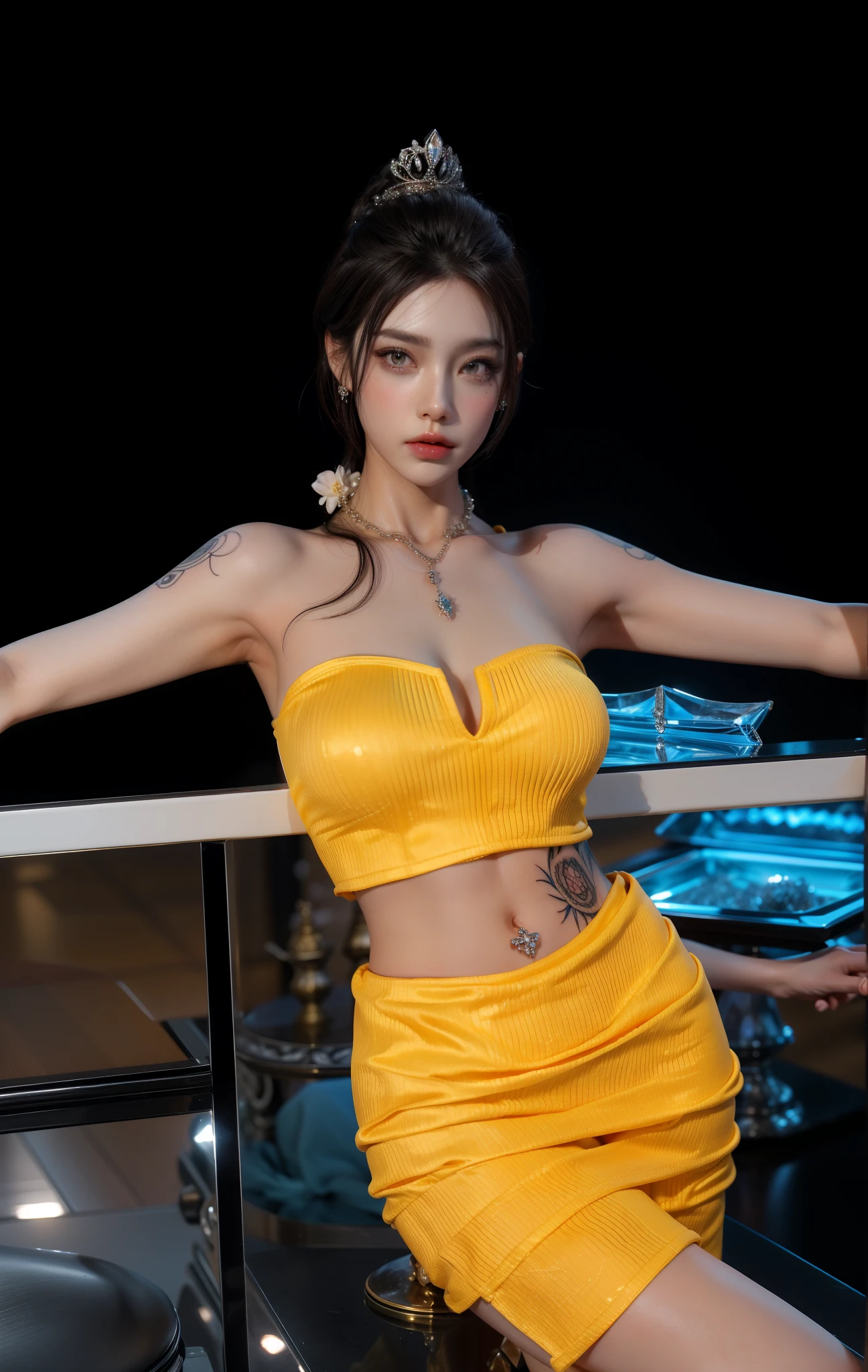 Royal sister，exquisite eyes，ice queen，put the crown on your head，Detailed facial expressions body，tall figure，Gorgeous，Leg length，4K，HD，Sensual，半透明lace，白皙plump figure，pretty face，Little cherry mouth，beautiful and delicious（3D royal sister），plump figure，gloss gel coat，Queen in luxurious dress，Crystal Gem Crown，Necklace jewelry，black tattoo(whole body)，The tattoo is very three-dimensional，Gorgeous and intricate tattoo designs，tattoo queen，Tattoos on arms and chest，lace，8k超HD