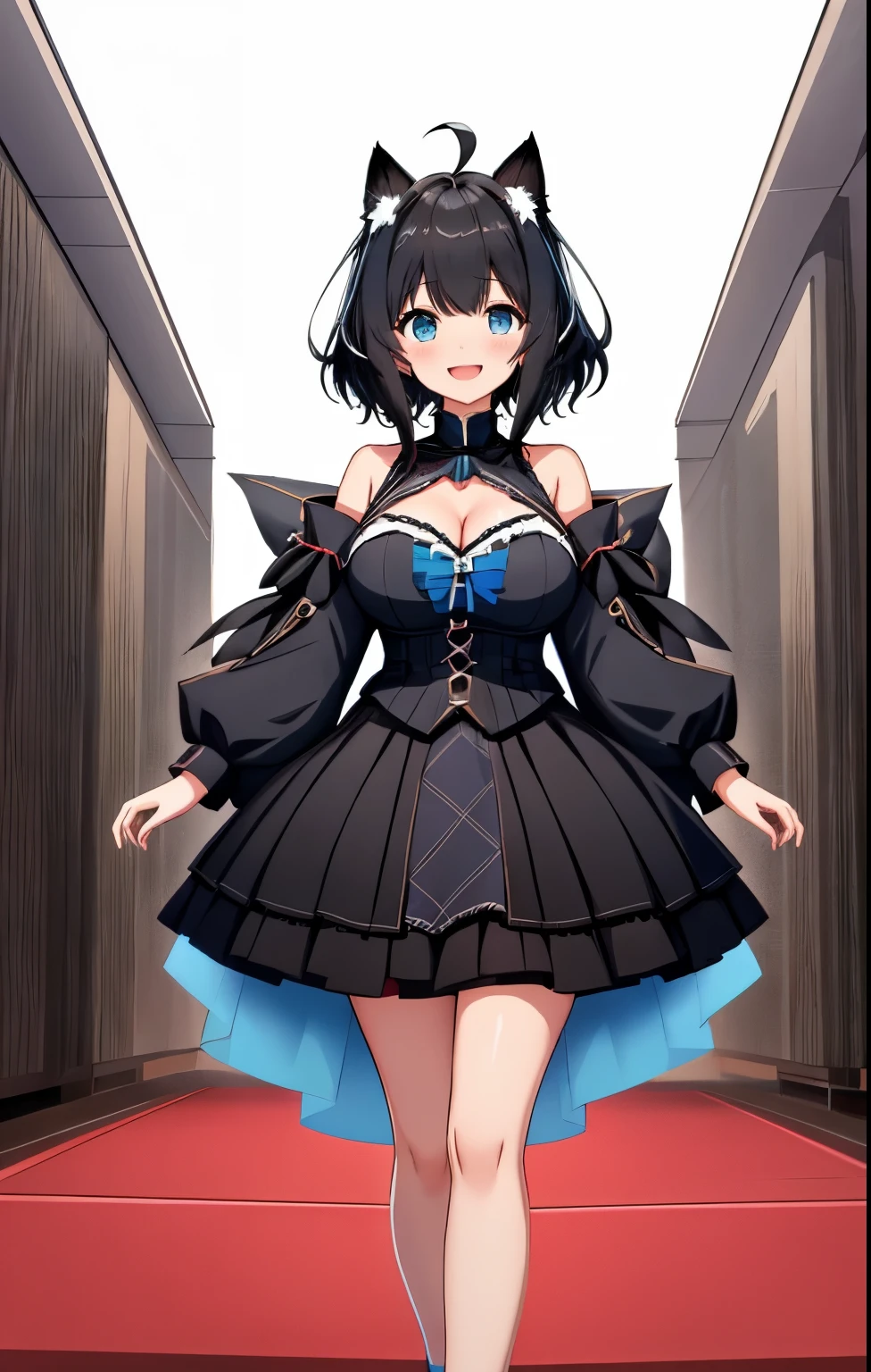 ((upright)), ((arm at side)), looking at the viewer, simple background、white background, 1 girl, open your mouth, smile, Virtual YouTuber、with a girl、((highest quality, expensive_solve, clear_image)),(black hair), (black cat ears), (Ahoge), (ridiculously short hair), (wavy hair), (blue eyes),、laughter、very big breasts、from the knees up、cleavage visible、Wearing idol costumes、Reference sheet、((show viewer))。skirt with slit、