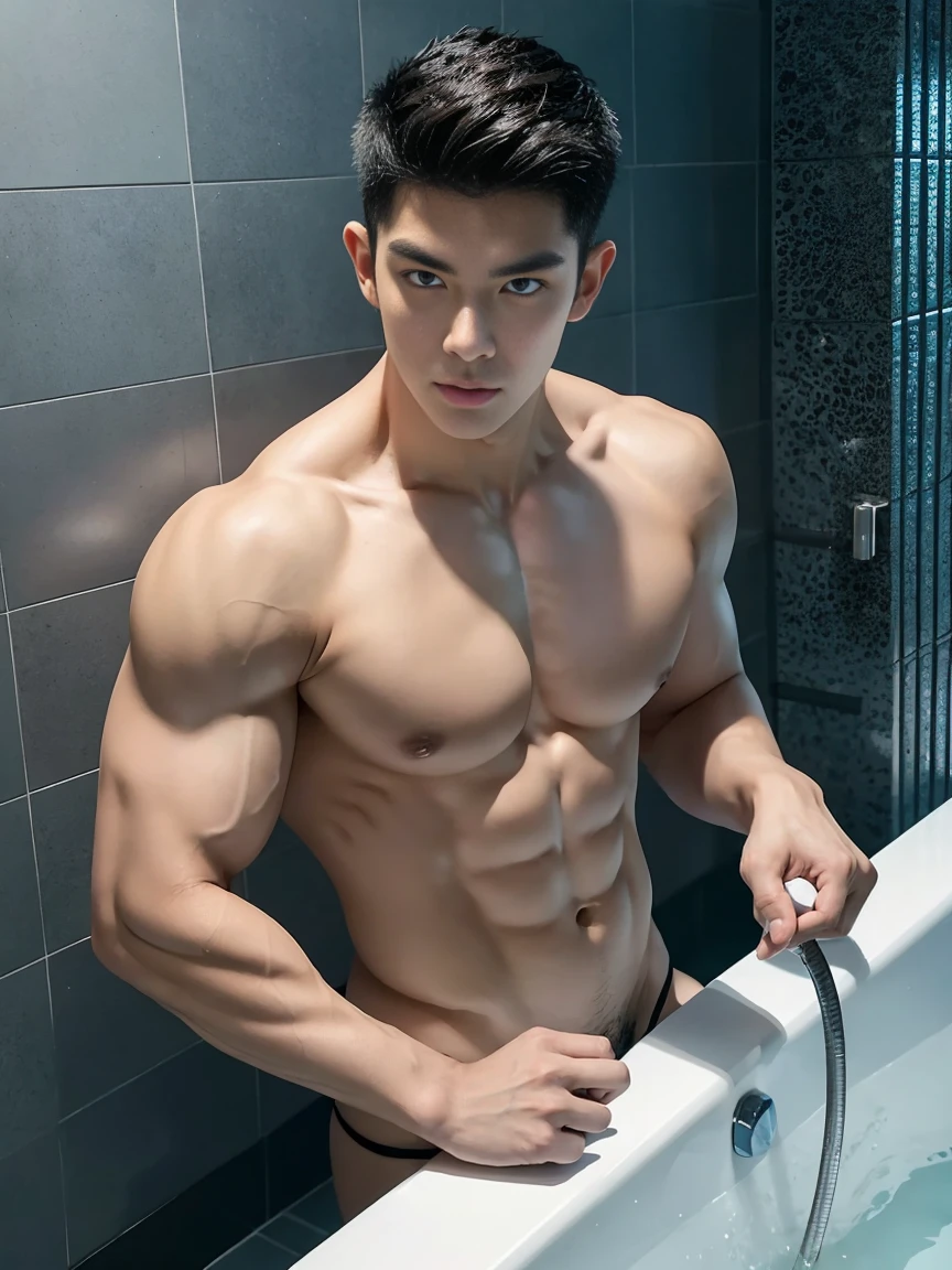 wide angle,asian male model, big muscles, Full chest muscles,Sexy and charming expression,blue eyes,Handsome, cool, Hair combed smoothly, piercing ears,naked,Wearing a mini thong,Big bag highlights, image, modeling, dynamic poses, Tsinghua University campus male bathroom, China, bath,Perfect hand details