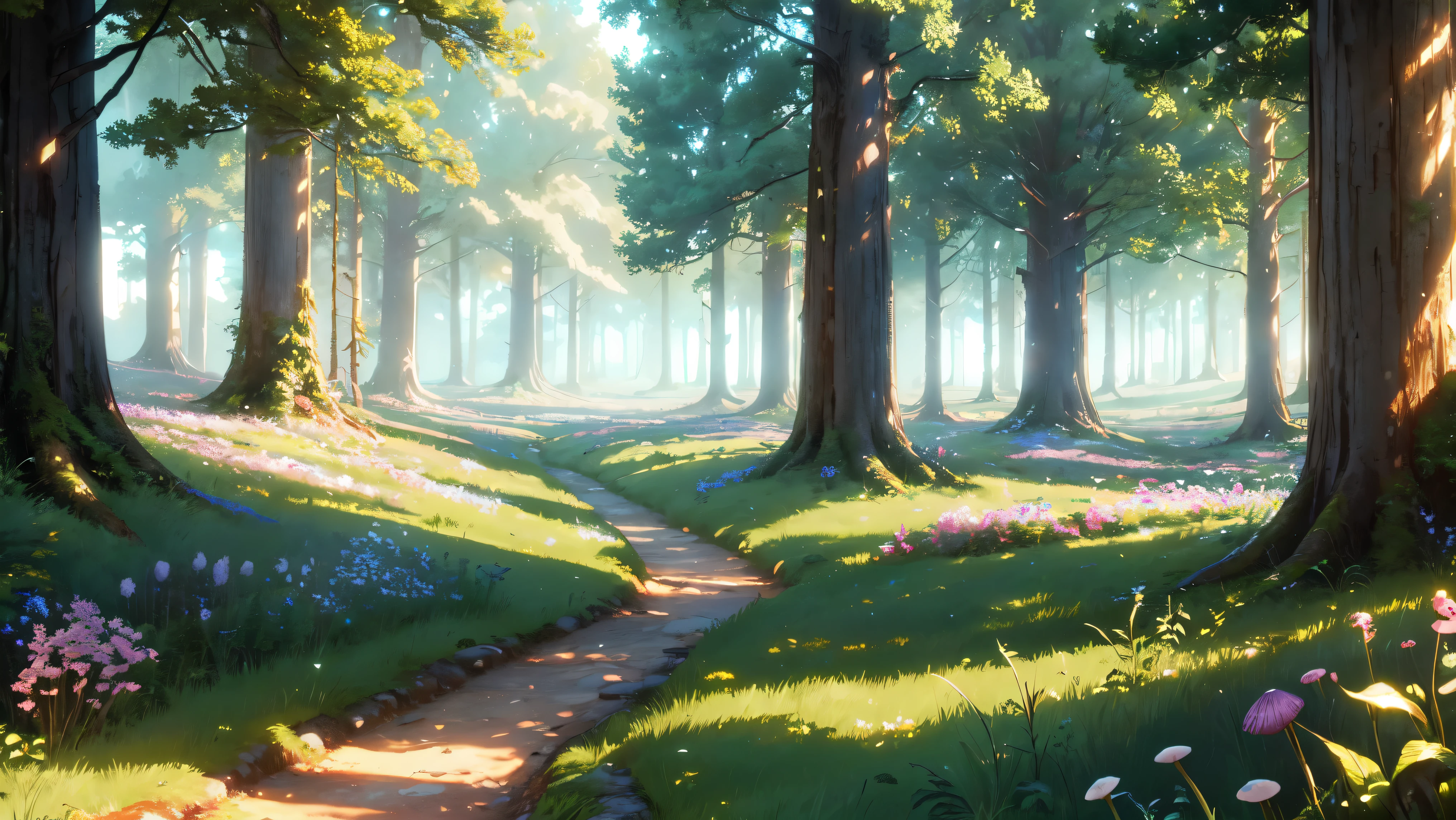 ((bright)), Cartoon beautiful fantasy fairy forest with trails and trees on a sunny day, forest plants, beautiful fairy mushrooms, wild beautiful flowers, detailed, arte de fundo, detailed background artwork masterpiece, Mobile game background, game background, 2 D game art background, forest background, scenery art detailed, landscape artwork, Mobile game art, 2d game background, Anime background art, forest clearing landscape, anime countryside landscape, sky forest background, forest outside, elf forest background, forest setting, Detailed game art, 4k