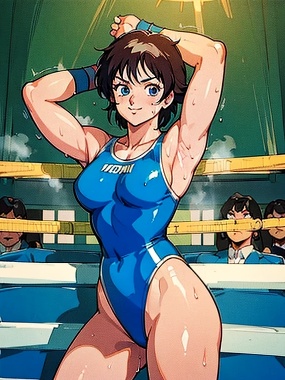 ((Best quality)), ((masterpiece)), ((anime style)), ultra detailed face, ((1 girl)), female wrestler, competition swimsuit, ((wrestling ring)), mature, milf, 30s, sweaty armpit, very sweaty, standing, victory pose, looking at viewer, highleg, smile, determined, victorious, 