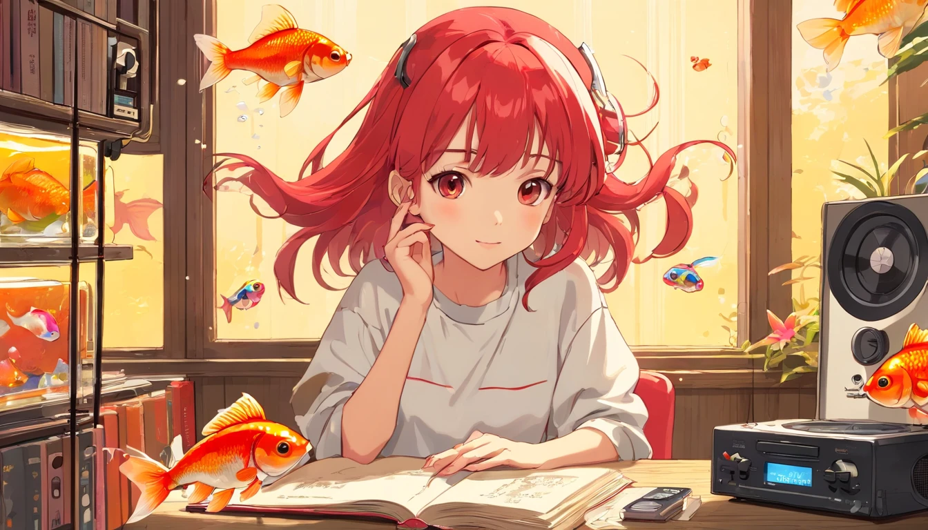(((Girl's UP)))、(((The girl's face is well visible)))、Goldfish鉢、たくさんGoldfishが浮いてる、((12 years old))、(((cassette tape、radio cassette player、record)))、cute beautiful girl、((Listening to music with headphones on))、machine、Note、computer、light bulb、window、Chair、curtain、retro、(((80s))) Neon color、pastel colour、((Red and white room))、Polka dot pattern、Goldfish、80'sパターン、round pattern、square pattern、Cartoon screentones、Dot pattern is applied from above、Goldfish鉢、Bubble、candy、(((Get into a rhythm))), (((lofi-art))), 小さいGoldfishたち、(((The structure and balance of the face of the human body, objects, and living things are well-balanced without any discomfort.))), (((the fingers of the hand5Book))), (((beautiful and well-shaped body)))、(((Cute and beautiful face)))、Goldfish鉢、summer