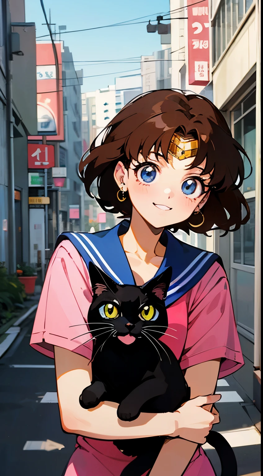 Manga Illustration Poster Color, sailor moon, With short dark brown hair, Holding a black cat、Wearing pink short sleeves, Shibuya Street, Street Photography,Record store entrance, Wearing 90s street clothes, front, --AR2:3 - Style Expressiveness - S 400，hand details。smile