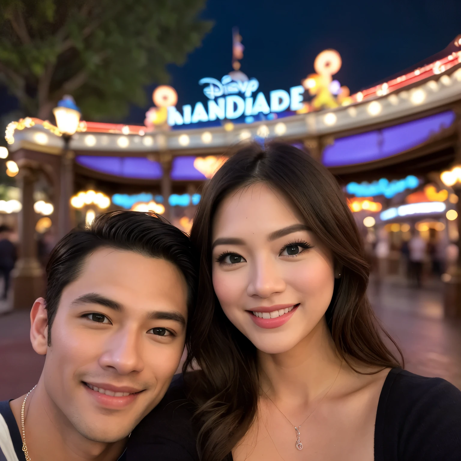 A very handsome man with thin stuble doing selvie with a very beautiful gorgeous and elegant wife, happy, laugh, giggle, romantic, disneyland, usa, newyork, dunia fantasi indonesia, thme park, ultra realistic, photorealistic