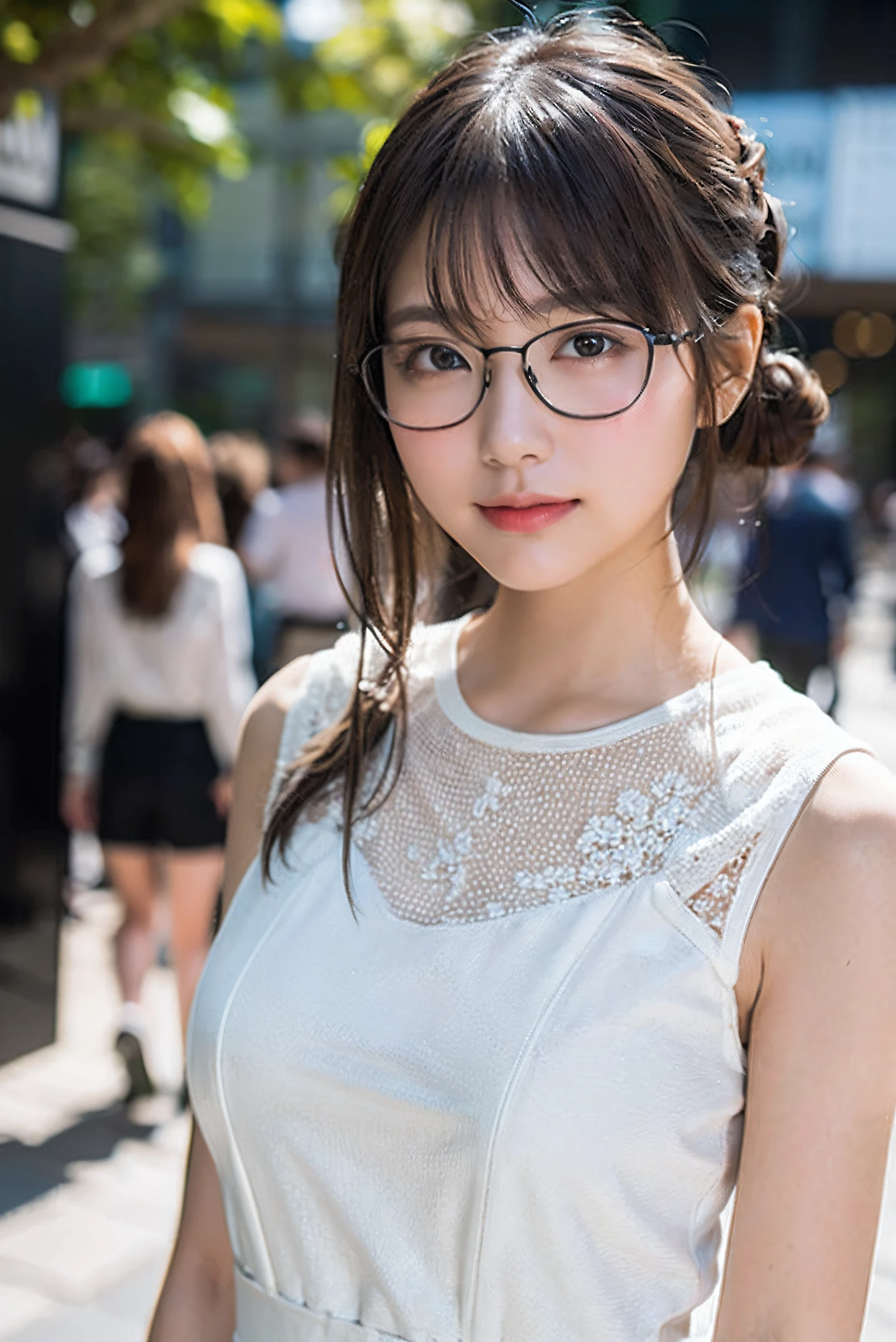 (8K、Raw photography、top-quality、​masterpiece:1.2)、(realisitic、Photorealsitic:1.37)、ultra-detailliert、超A high resolution、1 girl、see the beholder、beautifull detailed face、A smile、Constriction、(Slim waist) :1.3)、((White blouse clothes))、beutiful breast、Beautiful detailed skin、Skin Texture、Floating hair、((Hair bunched into one))、Professional Lighting、In front of the station at noon、((Black square glasses))、Whole human body、Brown hair