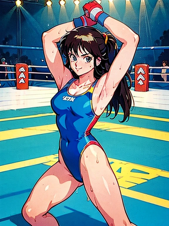 ((Best quality)), ((masterpiece)), ((anime style)), ultra detailed face, ((1 girl)), female wrestler, competition swimsuit, ((wrestling ring)), long hair, mature, milf, 30s, sweaty armpit, very sweaty, standing, victory pose, looking at viewer, highleg, smile, determined, victorious, 