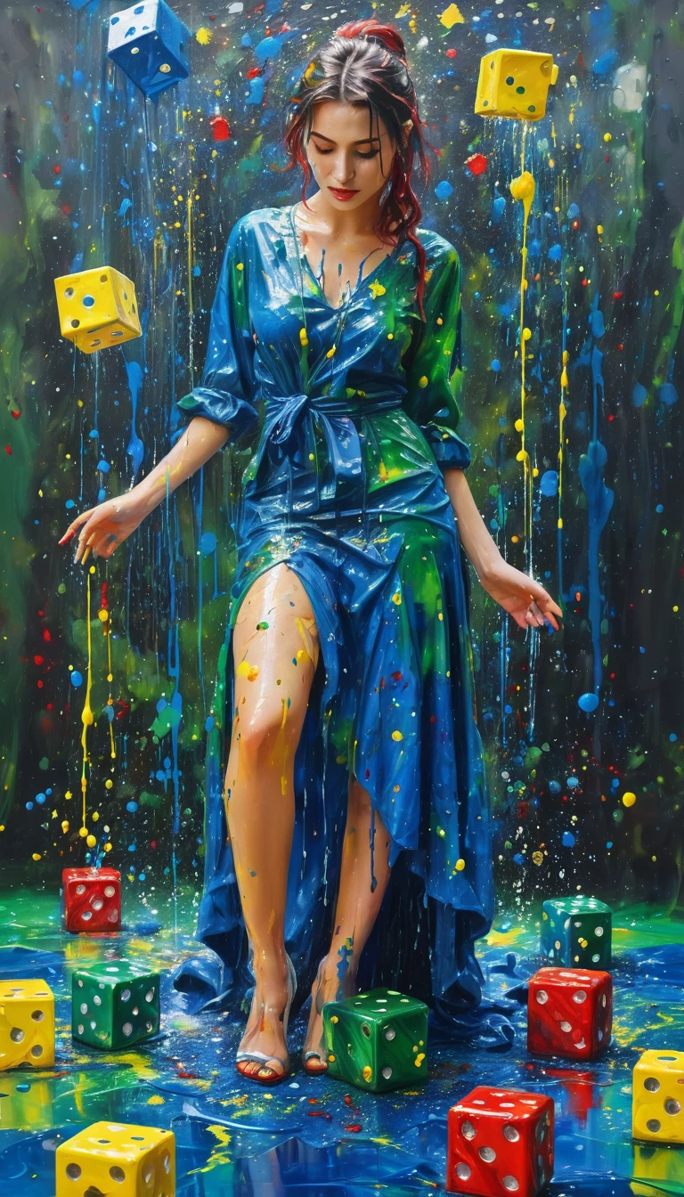 Perfect Women surrounded by Cube-shaped six-sided dice dress, wet oil paint poured, colors of blue, green, yellow, red, visible paint stains, messy paint splatters, , perfect composition,,