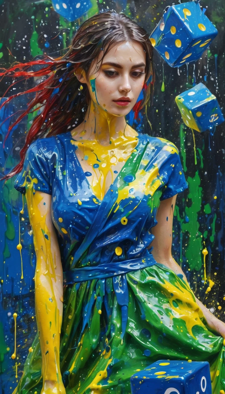 Perfect Women surrounded by Cube-shaped six-sided dice dress, wet oil paint poured, colors of blue, green, yellow, red, visible paint stains, messy paint splatters, , perfect composition,,