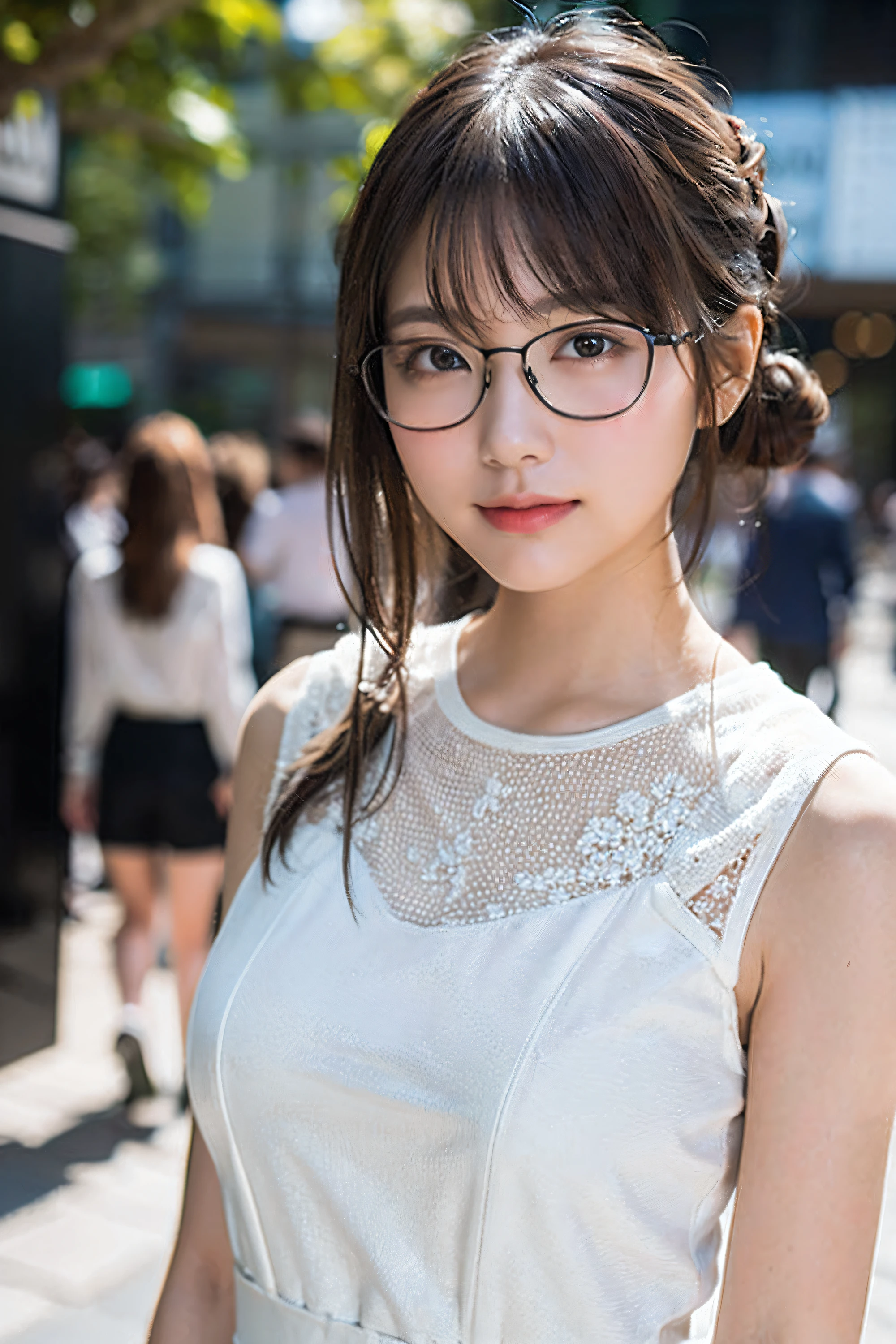 (8K、Raw photography、top-quality、masterpiece:1.2)、(realisitic、Photorealsitic:1.37)、ultra-detailliert、超A high resolution、1 girl、see the beholder、beautifull detailed face、A smile、Constriction、(Slim waist) :1.3)、((White blouse clothes))、beutiful breast、Beautiful detailed skin、Skin Texture、Floating hair、((Hair bunched into one))、Professional Lighting、In front of the station at noon、((Black square glasses))、Whole human body、Brown hair