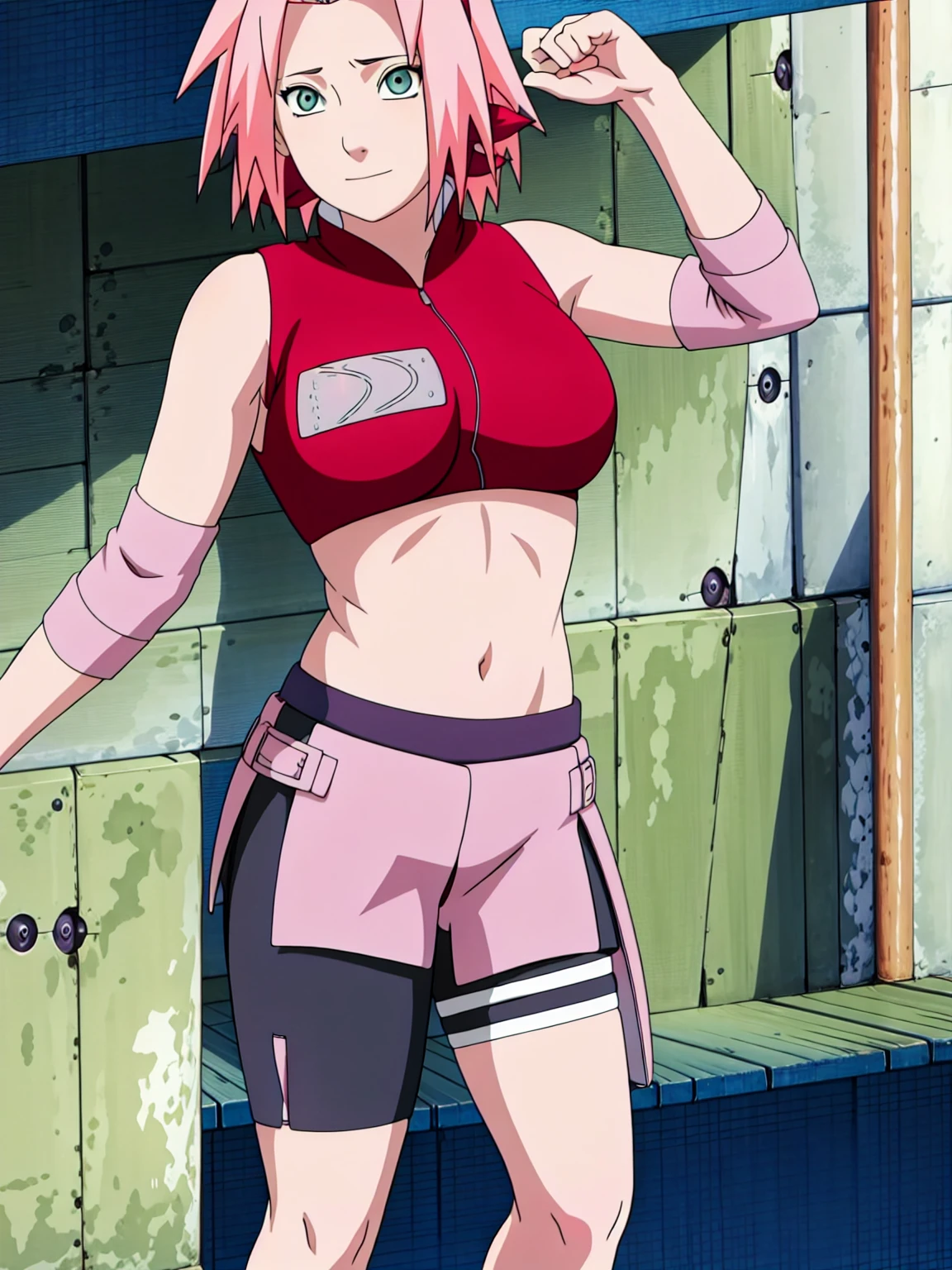 Sakura haruno,(((showing belly by lifting her top))),((belly visible))),sexy,(((((wearing bra))))),(sexy armpits), front view 