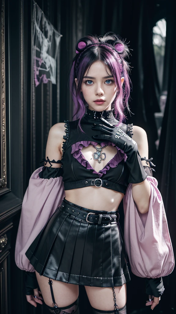 (Ultra-detailed eyes), (((textile shading))), (((Best Quality))), (((masutepiece))), (((Ultra-detailed CG))), sassy girl, (((magical ))), (), (tiny chest), black hair, black hair, black hair, black hair, Spooky Season In Punk hairstyle, ((messy hair, gorgeous hair)), Pink eyes, (((Spooky Season In Punk Outfits))), ((spooky punk a pose)), (((Game CG)) (gorgeous, sassy, it girl), fancy jewelry, haunted house, dark day, strong Spooky Season In Punk atmosphere, strong haunted house atmosphere, cowboy shot, midshot, centered image, eye on camera, heart panel baby tee, black pleated mini skirt, purple furry sleeve, hand gloves, pastel color
