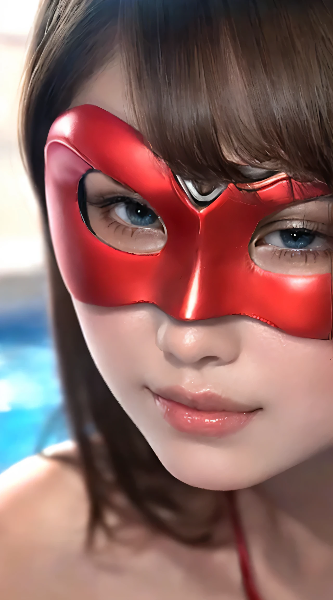 (8K, RAW Photos, of the highest quality, Masterpieces: 1.2), (Realistic, Photorealistic: 1.37), Highest Quality, Ultra High Resolution, Focused eyes, light leaks, Dynamic lighting, Slim and smooth skin, (full Body:1.3), (Soft Saturation: 1.6), (Fair skin: 1.2), (Glossy skin: 1.1), (Oiled skin:1.2), 18 years old, rainy Night, Strong neon light , hard rain,
BREAK, shiny white blonde, Well-formed, (Hair fluttering in the wind:0.9), (Close-up shot of face only:1.2), Physically Based Rendering, From multiple angles, (very Cute:1.3), Beautiful hair blowing in the wind, Chest is sheer, Well equipped, Sheer, Transparent, Glittering Gemstones, Beautiful body shape, It features a simple, BREAK, Hair volume decreases towards the ends of the hair, Beautiful skin without blemish, (thin transparent red leotard costume:1.2), Sparkly lips, The air is clear, shiny white silk blonde hair, Light is coming in from various directions, Hair is through strong light, (extremely super Erotic:1.3), (Bare chest:1.2), (Small breasts:1.2), Under the breasts, narrow waist, narrow shoulders, gazing at viewer, Big smile, old downtown, Bathing, short hair, damaged, (red bikini:1.1), (in pool:1.2), (shiny skin:1.2), (shiny silky white blonde:1.2), BREAK, (shiny red eye mask:1.3), dark purple eyeshadow, The mouth is visible, Red glowing lipstick, bilaterally symmetrical, open eyes, lucent light blue eyes, shoulder armor, much water, bikini armor, sword, (shiny red knee-high boots:1.3) , small buttoks, round face, full lips, slendar ankles,