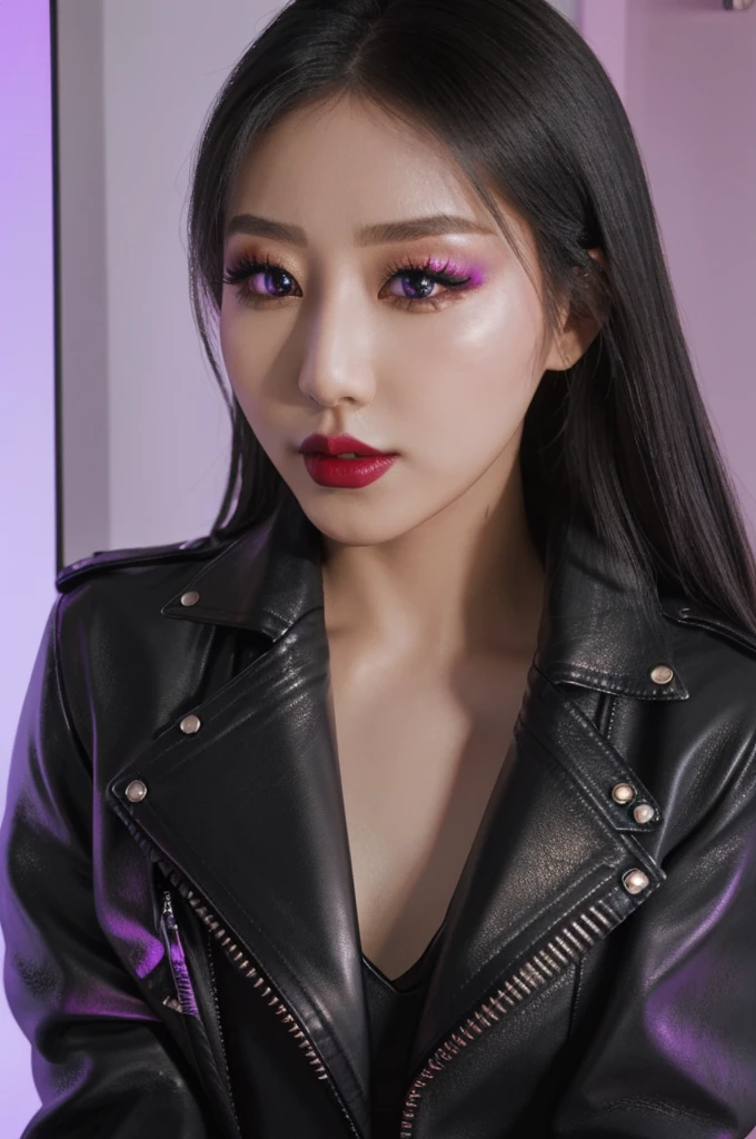 (), hyperrealistic, raw, shot on Sony A7R Mark IVA,  (kpop makeup1.4), ((perfect detailed eyes:1.4)), (black leather jacket:1.2), (red lipstick), soft light, ((glass)), hyperrealistic reflection, (wide hips), (high platform boots), ((sharp focus)), purple light, (night city background)