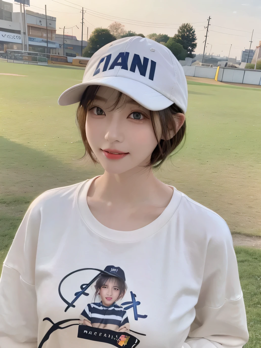 Best image quality、original photo、ultra high resolution、21 years old Korean、small breasts、dynamic angle、Cowboy shooting、The most beautiful form of chaos、elegant、Innovative design、bright colors、,light brown short hair、disheveled hair、light brown eyes 、black baseball cap(Facial expressionSmile)、short bob、Smile、Fair and shiny skin、beautiful eyes,random colors、The details are very beautiful、thin lips、Delicate beautiful eyes、elongated eyes、pale pink cheeks、long eyelashes、beautiful double eyelids、eye shadow、he、White Large T-shirt Sweatshirt、baggy pants、Shot from the side、sexy pose、enlarge