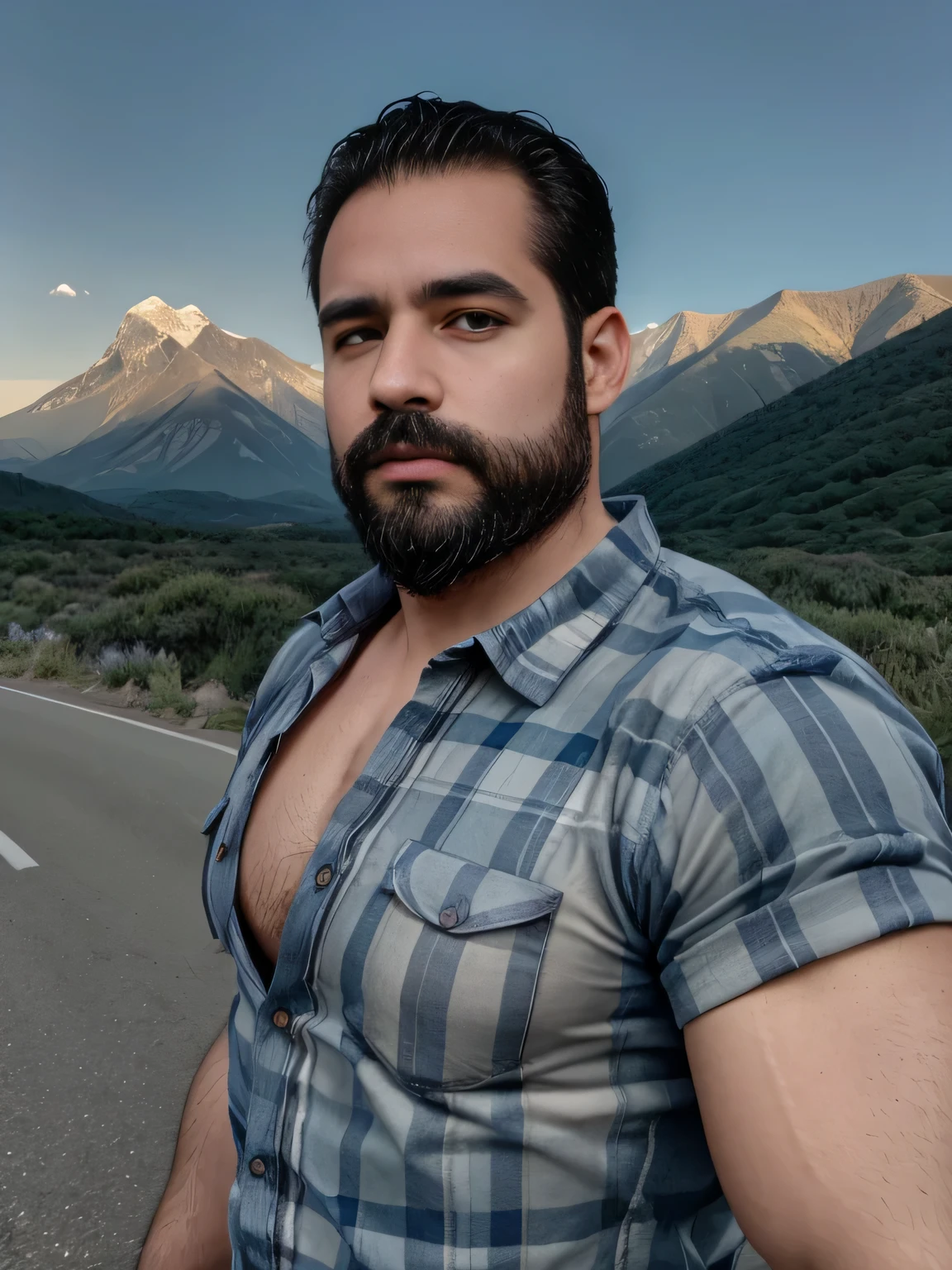 obra maestra, Mejor calidad, high resolution, Retrato de primer plano, (1 chico:1.4) A man in a lumberjack suit, muscular, (con camisa: 1.2) enfoque masculino, enfocarse solo, piel bronceada, 38-year old man,  muscular, fuerte, peludo, Masculino, (descamisado: 1.2), In the background a mountain, in a city with a lot of traffic and pollution, amazing composition, Vista frontal, HDR, volumetric lighting, (plano general, desde el frente:1.2) (GS-Macho :1.5) (magnificent landscape:1.2)