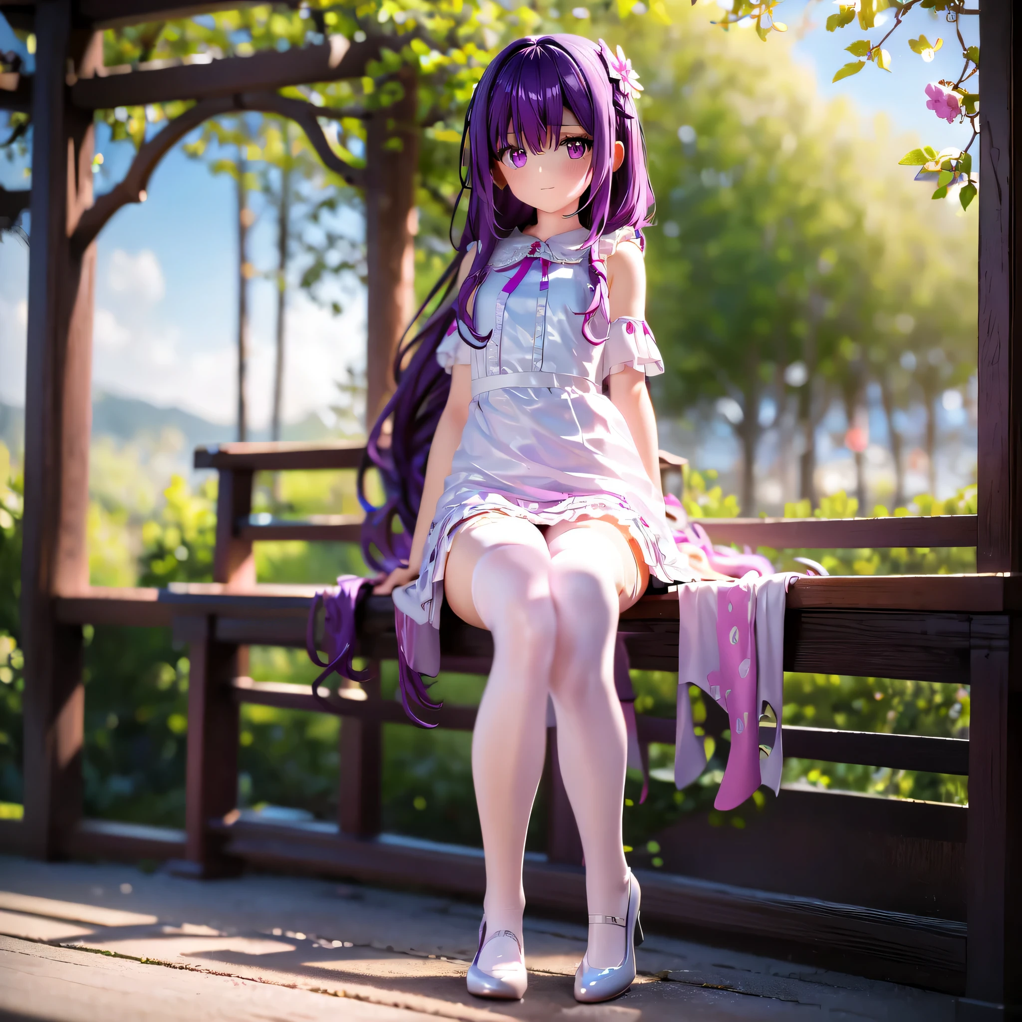 detailed background, That&#39;s excellent, 1 girl、, Long hair Bright purple hair, curly hair, cute, eyelash, sitting, white dress, Pink ribbon at waist, Pink Flat, white stockings, beautiful 8k wallpaper, outdoor, nature, wood, bush, flower, Rustic, very detailed, Complex