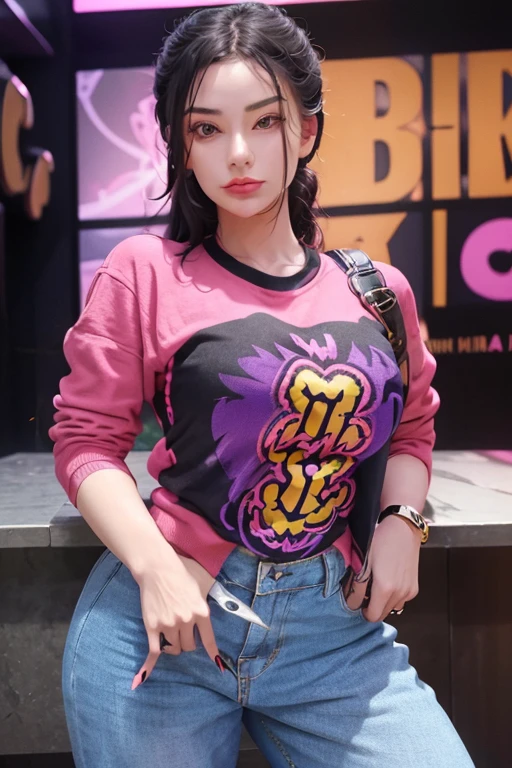 beautiful woman, wearing a stylish and casual outfit, with a determined expression on her face, fashionable, woman, vibrant, outfit, posing, front, colorful, dynamic, background, elements, confident, expression, accessory, majestic, coiled, attention-grabbing, title, stylish, catchy, headline, larger, striking, modern, trendy, focus, fashion, selfie
