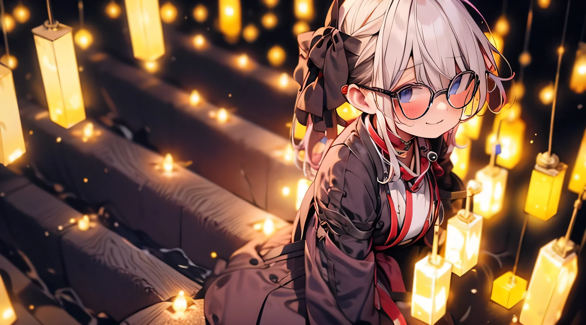 masterpiece、highest quality、1girl , solo , huge breasts、deep cleavage、light green hair、ponytail、fox ears、brightly colored eyes、blue eyes、black glasses、green kimono、light purple long hakama、brown leather jacket、leather boots、flashy necklace、charm、Wet、face turns red, very sweaty, dynamic pose、standing、shrine