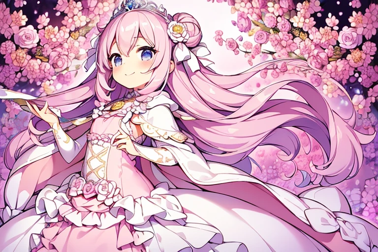 (kawaii),(best quality),(ultra detailed), upper body,(rococo style),(long train pastel pink cape:1.15), very long cape,(long train white ball gown with flower decorations), a girl is wearing a cape over her gown, 1 little princess, tiara, smile, small breasts, very long hair
