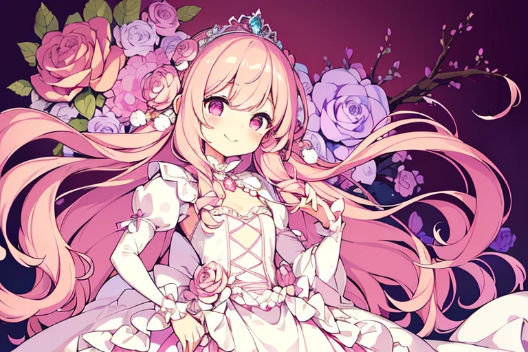 (kawaii),(best quality),(ultra detailed), upper body,(rococo style),(long train pastel pink cape:1.15), very long cape,(long train white ball gown with flower decorations), a girl is wearing a cape over her gown, 1 little princess, tiara, smile, small breasts, very long hair
