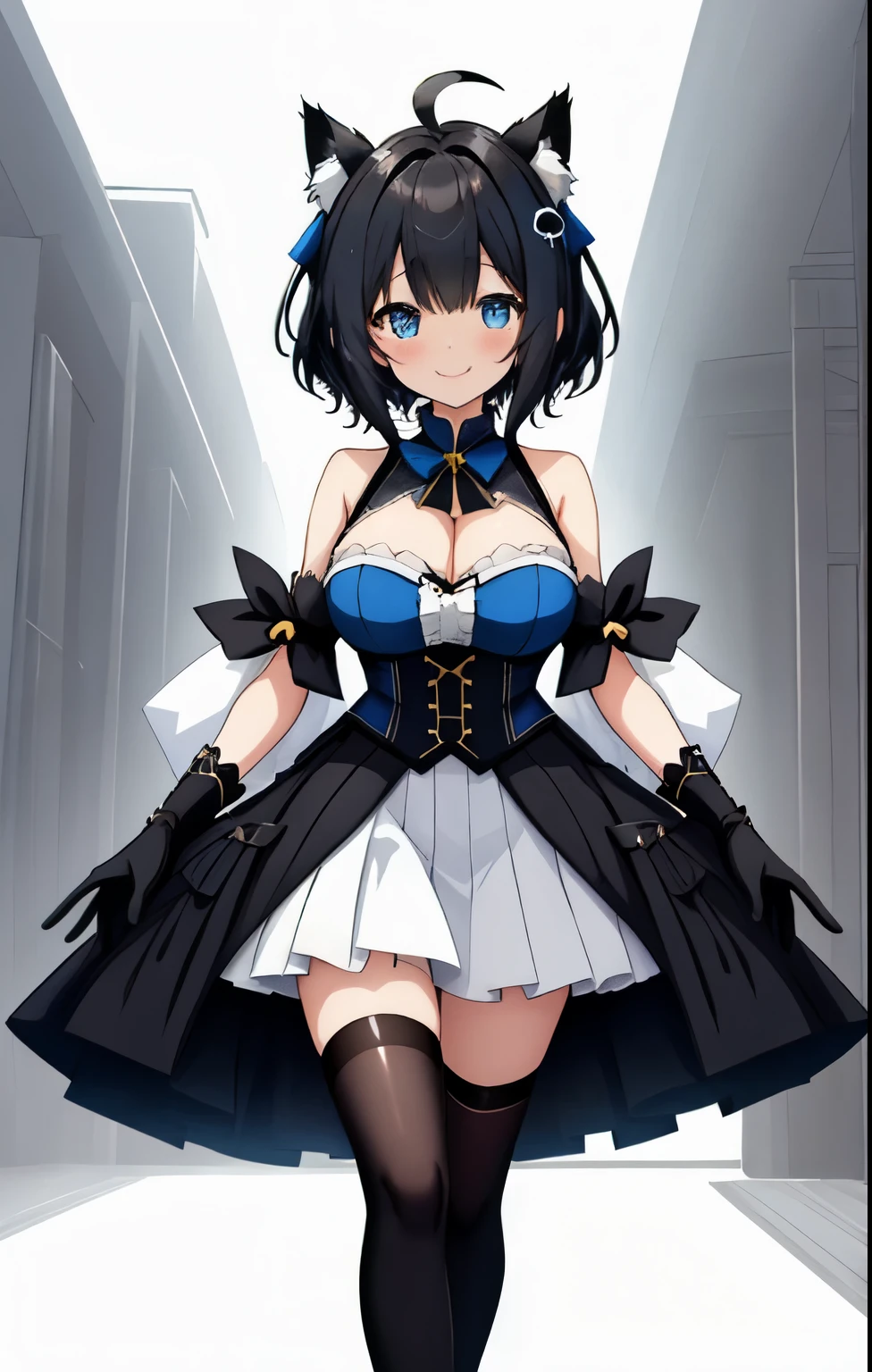 ((upright)), ((arm at side)), looking at the viewer, simple background、white background, 1 girl, open your mouth, smile, Virtual YouTuber、with a girl、((highest quality, expensive_solve, clear_image)),(black hair), (black cat ears), (Ahoge), (ridiculously short hair), (wavy hair), (blue eyes),、laughter、very big breasts、from the knees up、cleavage visible、Wearing idol costumes、Reference sheet、((show viewer))。skirt with slit、