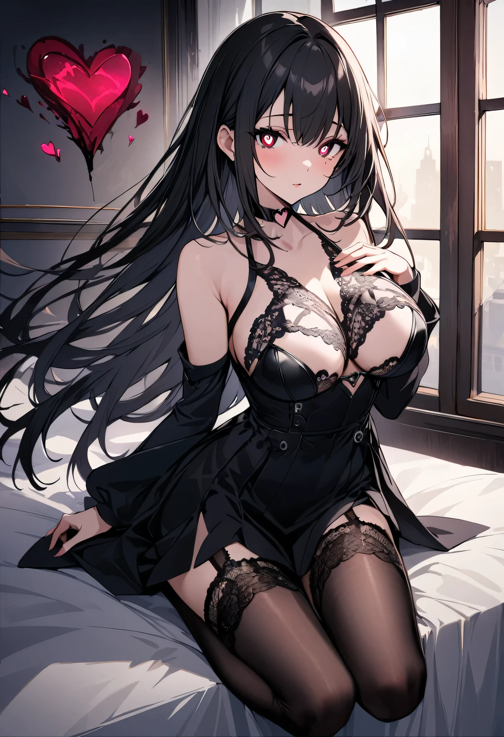 {lady with shoulder-length pink straight hair named Rico},business suits'', (It feels like saying Hello, daytime hours), indoor,{going out style}, ((Heart-shaped choker) ), (bedroom), Bright background, Mole under the eye, Heart-shaped choker, ((Masterpiece)), Highly detailed CG Unity 8k wallpaper), Top quality, One girl, Detailed background, beautifully detailed eyes, heart shaped pupils,hollow eyes, (very delicate and beautiful)), ((beautiful) eyes (detailed description),large breasts,,,lace underware,floating heart,brainwashed,full body,looking at viewer,half body,garter stocking