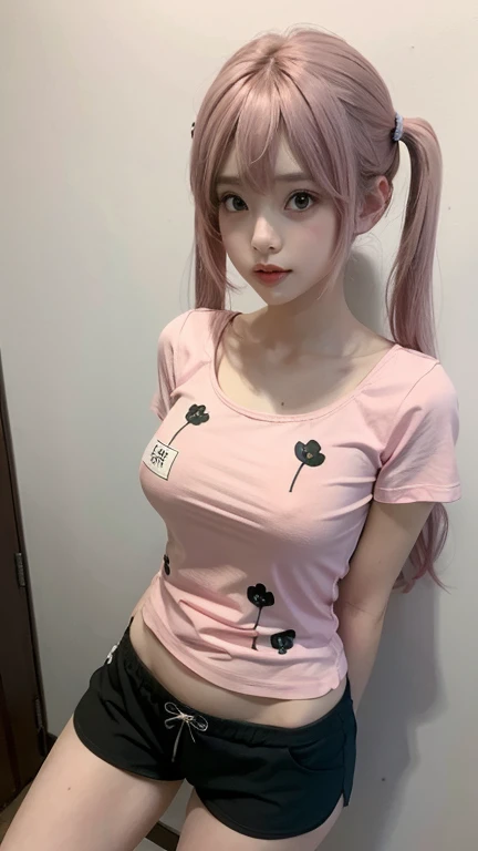 pink thin flower pattern T-shirt , Short pants , big breast , long twin tails hair