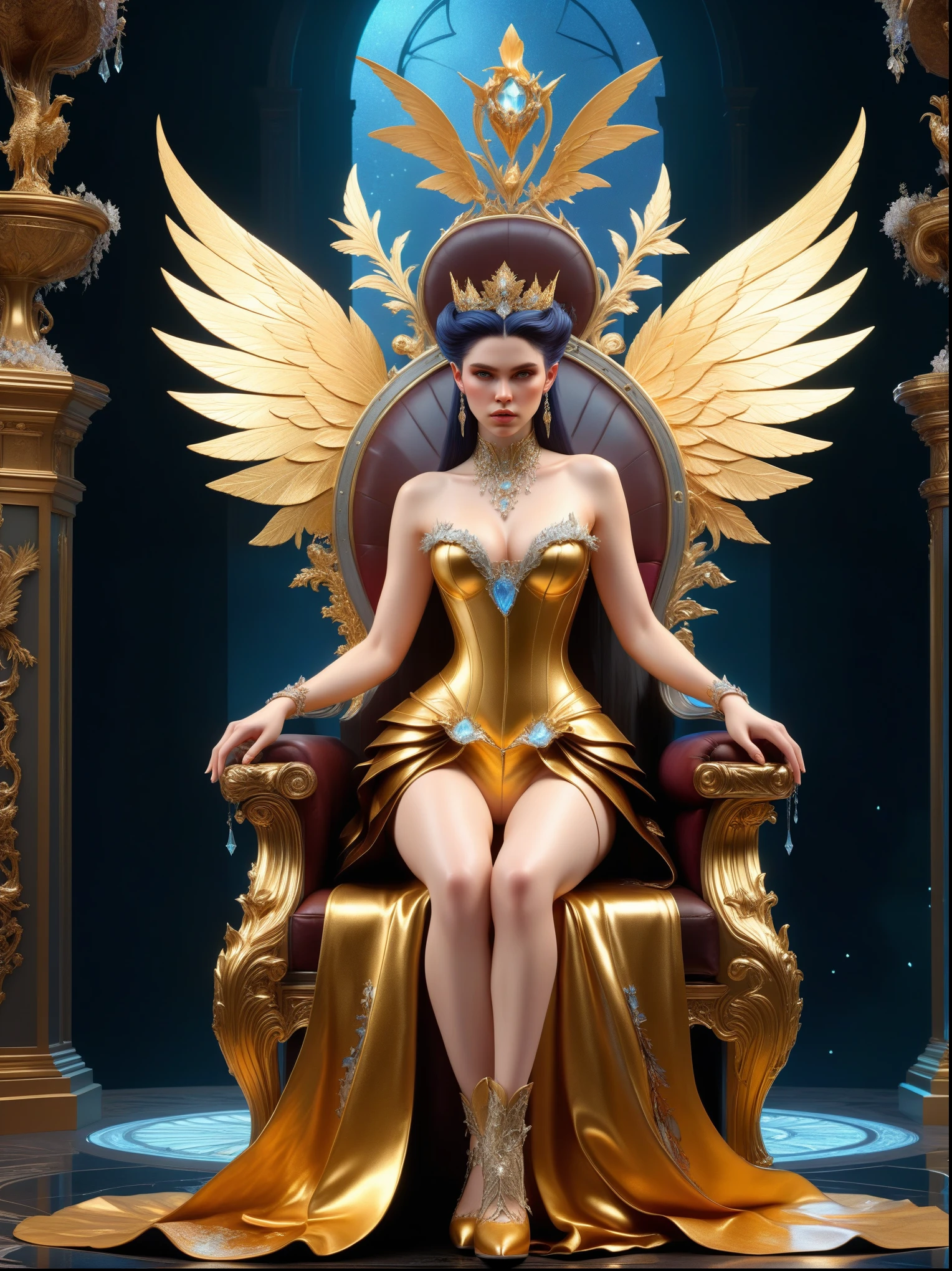 Fairy tale character Lilith standing before her throne, hyperdetailed, intricate, masterful, technically perfect, dark and intricate, fantasy realism, gold foil, silver foil, glass shards,realistic hyper-detailed portraits, unreal engine 5, rococo pastel hues, full body view, bold character designs front view remote distance.