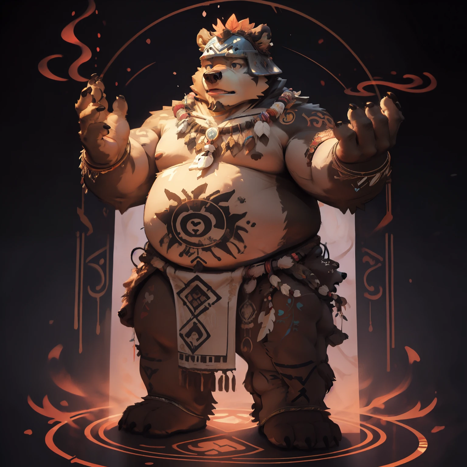 New Jersey 5 Hairy, Bear，Full body portrait of an individual, male,exquisite， chubby，thick arms，plush fur，front，stand，tribal leader，Druid，magic，tattoo，helmet cloth