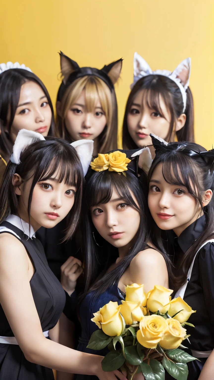 (Emo art:1.6), masterpiece, 4k, Bokeh, high school girls, (Multiple girls:1.6), (Group photo:1.5), beautiful face, (Cat ears:1.3), (Yellow bob hair:1.6) , (Japanese idol:1.6), Blushed face, (Blue maid costume :1.4), looking at the viewer, closeup,
(Yellow background :1.4), (Yellow rose room:1.6)