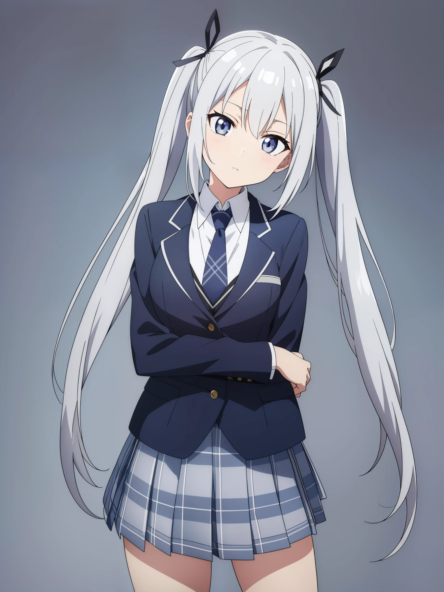 1girl, anime girl, silver hair, long twintails, silver eyes, dark blue school suit, plaid skirt, white background, head tilt looks at viewer, superstar