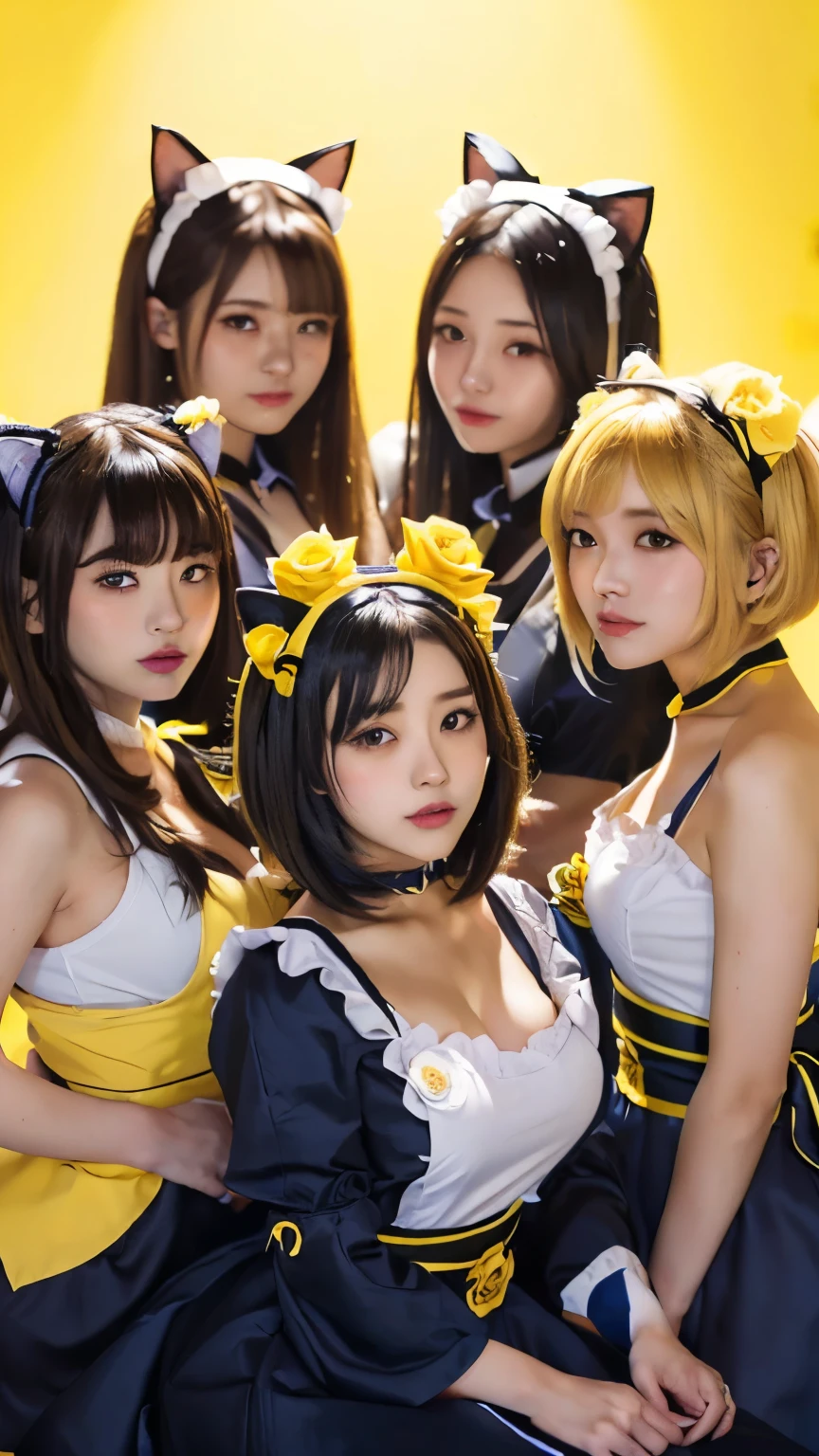 masterpiece, 4k, Bokeh, high school girls, (Multiple girls:1.6), (Group photo:1.5), (beautiful face:1.3), (Cat ears:1.3), (Yellow bob hair:1.6) , (Japanese idol:1.6), Blushed face, (Yellow maid costume :1.4), looking at the viewer, closeup,
(Yellow background :1.4), (Yellow rose room:1.6), Yellow thema
