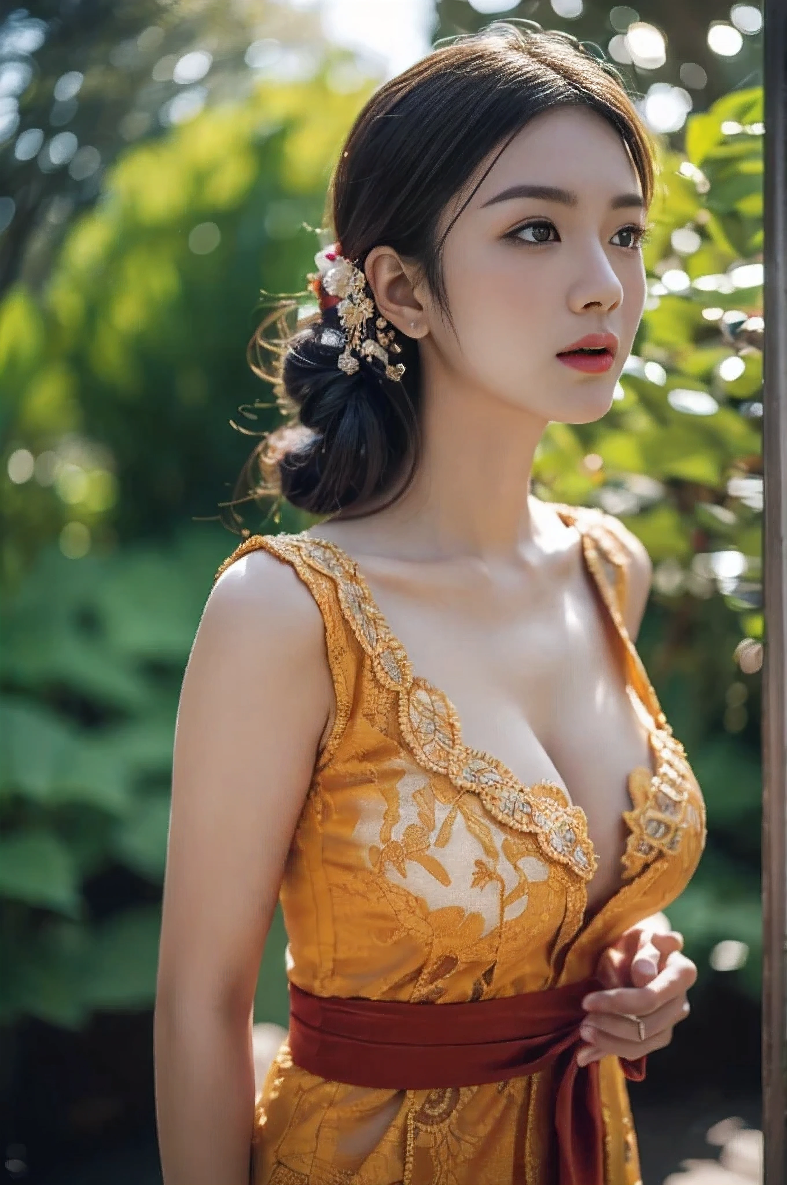 8k, best quality, Medium close-up, (red kebaya )、(luxury kebaya ),(top-quality,​masterpiece:1.3,超A high resolution,),(ultra-detailliert,Caustics),(Photorealsitic:1.4,RAW shooting,)Ultra-realistic capture,A highly detailed,high-definition16Kfor human skin, Cute and lovely Korean girl, realistic, ultra detail, photo realistic, Increase quality, 
 standing in a garden with a scarf, garden, (large breast), (cleavage ), close-up shot,  mouth,dark-haired, Messy Updo hair, (depth of fields、chromatic abberation、Wide range of lighting、Natural Shading、)、(Exterior light at night:1.4)、(Hair swaying in the wind:1.2).