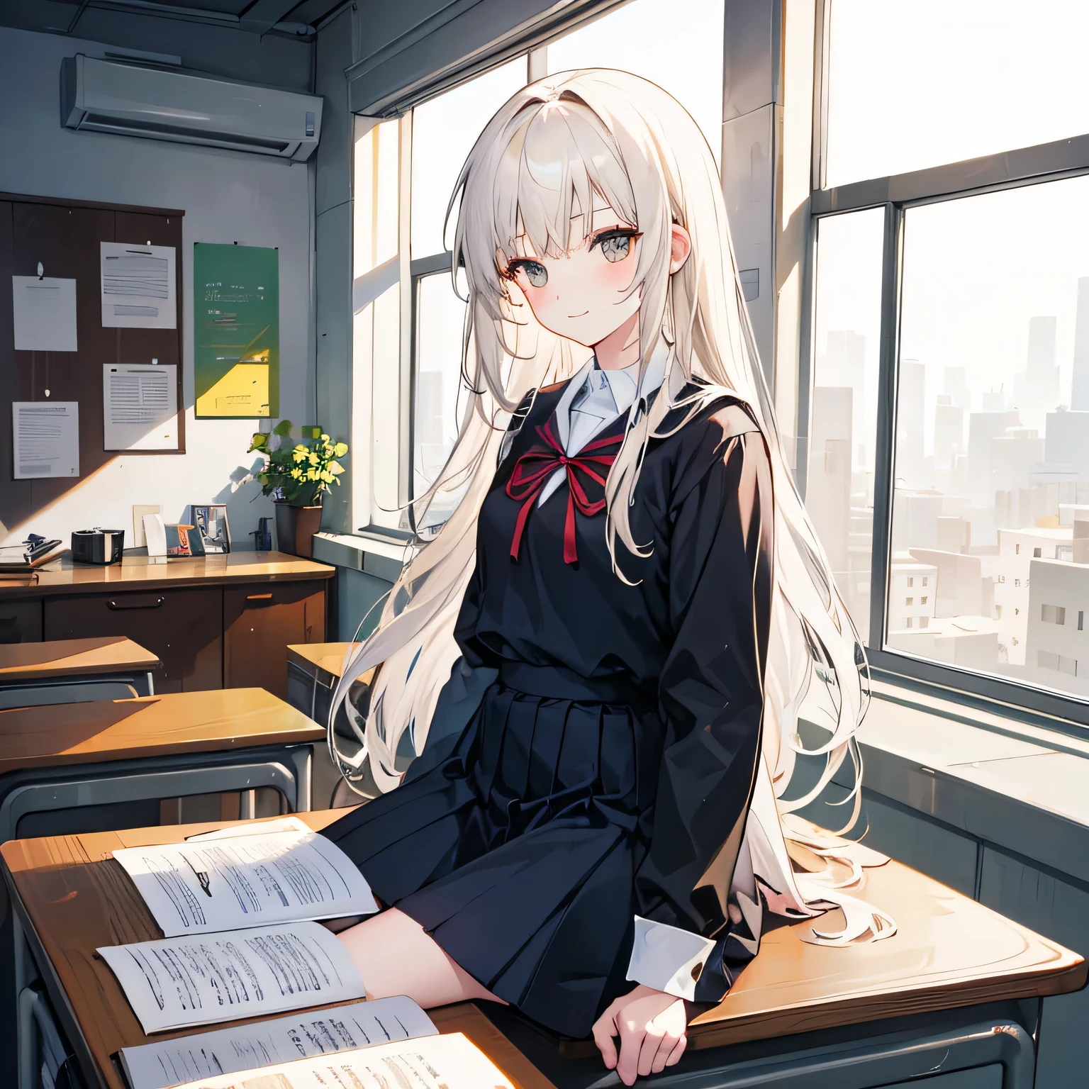 The prompt for the first theme will be as follows:

"A girl in a classroom, with long, straight white hair, light brown eyes, wearing a school uniform, sitting at a desk, looking down with a smiling expression. The scene has prominent shadows and a warm color tone."

Please note that the prompt should not be divided into separate sections and should be a continuous description. Remember to use tags to describe the artwork elements such as material, additional details, image quality, art style, color tone, and lighting. Make sure to prioritize the tags based on their importance.