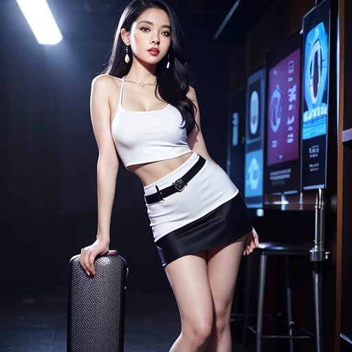 1 thai girl, sexy girl, strikingly beautiful, black hair, big breasts, delicate facial features, porcelain skin, red lips, eyes hook the soul seduces you, ((masterpiece, amazing quality)), (unity 8k wallpaper), (absurdres), (ultra detailed, ultra highres:1.5), (pole dancer), light blue stewardess uniform, garrison cap, tight pencil mini skirt, long sexy legs, (pole dancing), show panty, on the stage, high stage, crowded people, full body, from below, Pumpui Bar Bangla Road Phuket Thailand, night, neon,