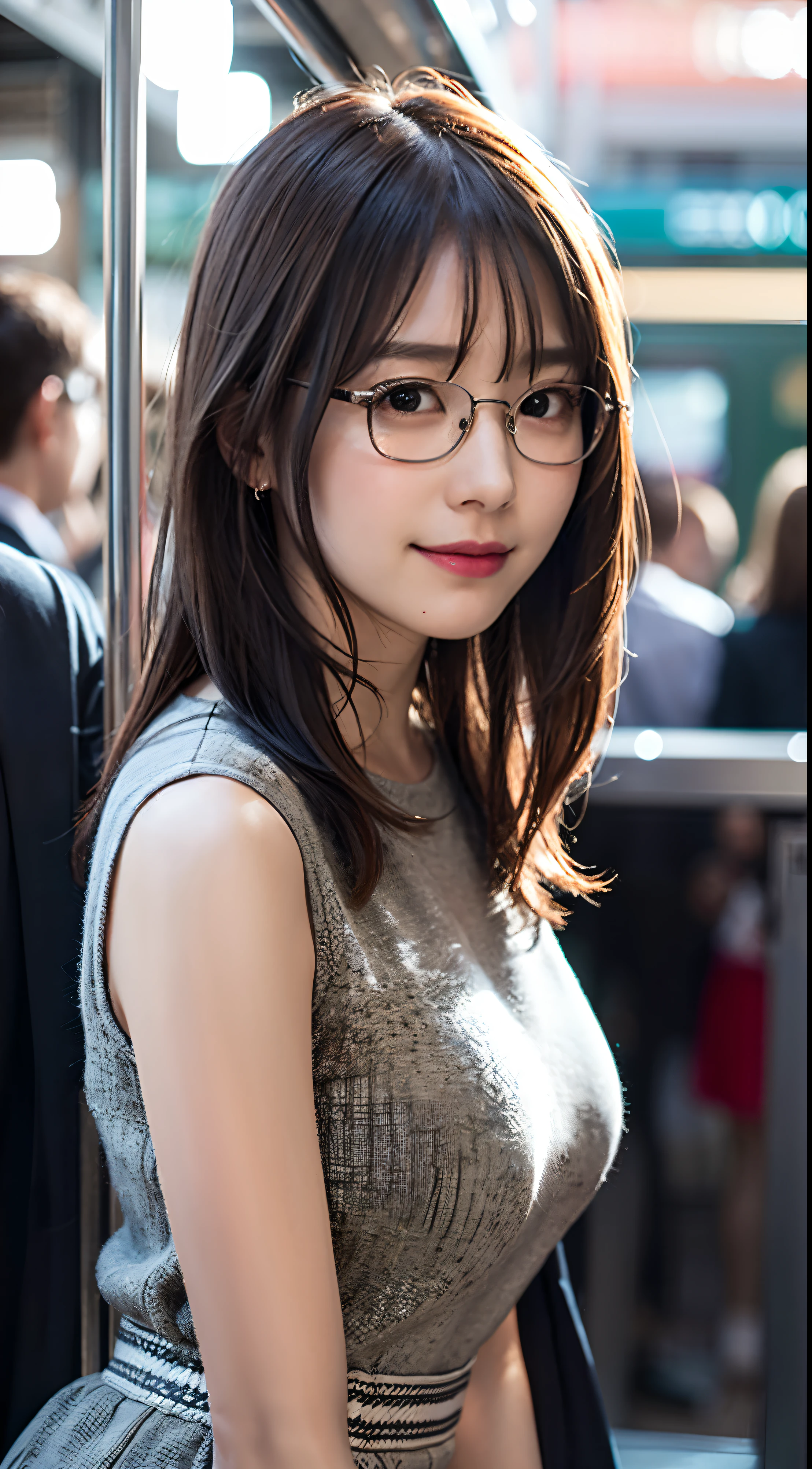 (8K、Raw photography、top-quality、​masterpiece:1.2)、(realisitic、Photorealsitic:1.37)、ultra-detailliert、超A high resolution、1 girl、see the beholder、beautifull detailed face、A smile、Constriction、(Slim waist) :1.3)、short-cut、Beautiful detailed skin、Skin Texture、Floating hair、Professional Lighting、Wait for the platform train、Square glasses with black rimming 、Whole human body、Brown hair