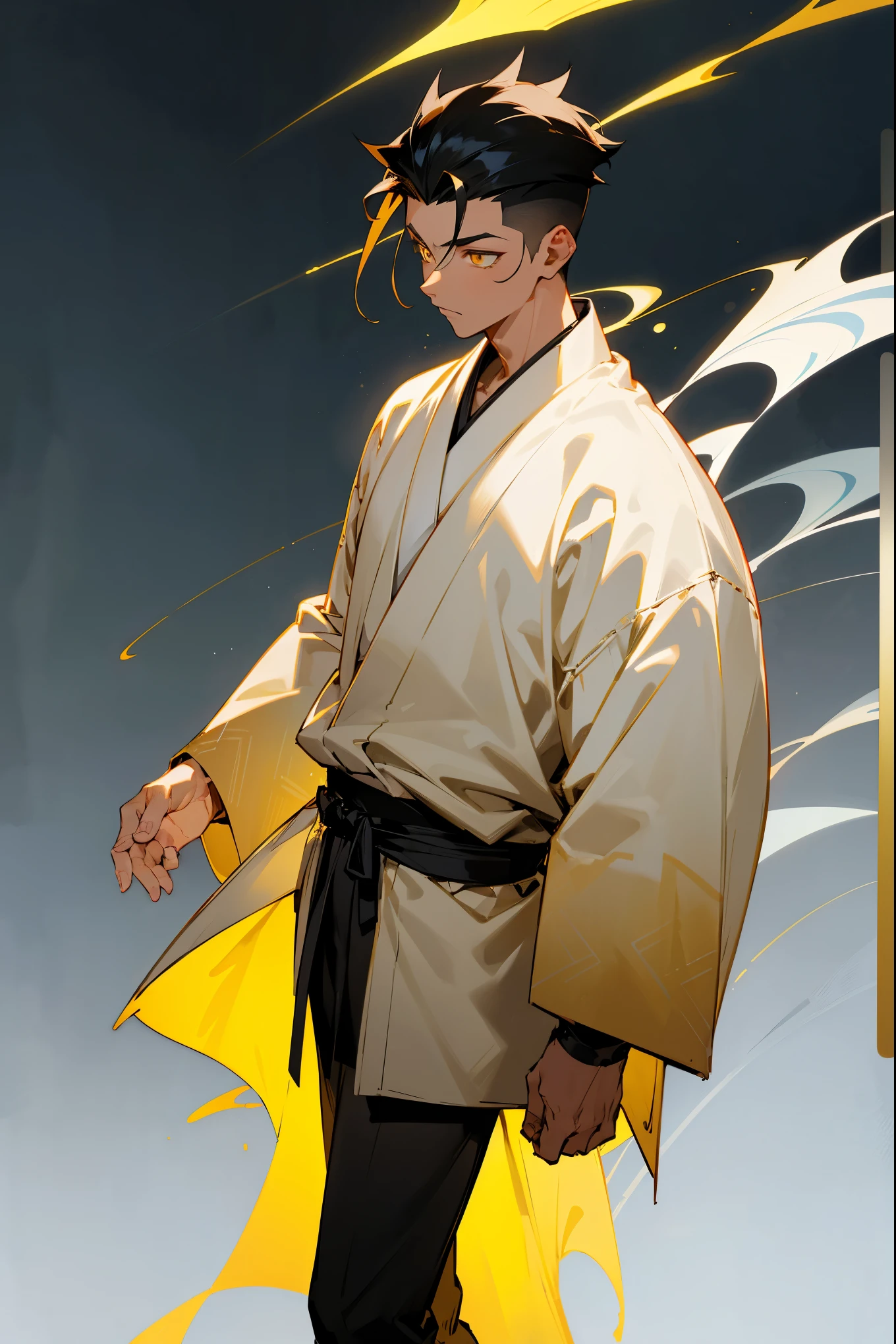 1male, tan skin, black hair, yellow highlights, golden eyes, expressionless, spiked undercut modern fade hair, black and white haori, blue and white gradient background, detailed eyes, standing on path
