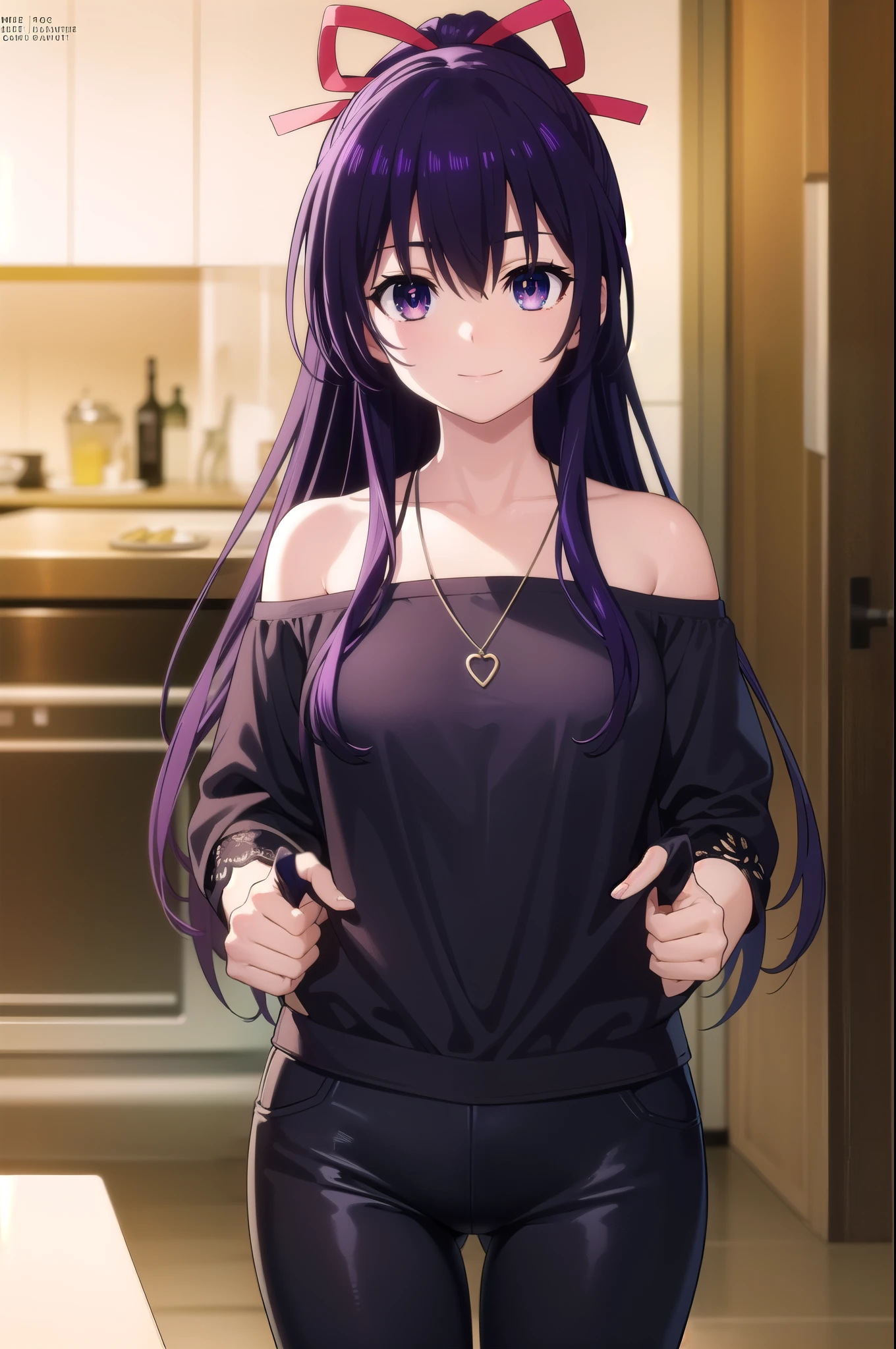 tohkayatogami, tohka yatogami casual, long hair, purple hair, alluringly smile, classy red off shoulder blouses, red colour, plain red, knit fabric ,wide v neck, cold shoulder, off shoulders, short sleeve , necklace, ribbon , leggings, white leggings, tight pants (purple eyes:1.1), hair ribbon, ponytail, purple hair, white ribbon,g cup breasts, plump butt, at home, in living room, seducing pose
BREAK ,
BREAK outdoors, city, people, crowd, sky, clouds, sun, blue sky,
BREAK looking at viewer, (cowboy shot:1.5),
BREAK (masterpiece:1.2), best quality, high resolution, unity 8k wallpaper, (illustration:0.8), (beautiful detailed eyes:1.6), extremely detailed face, perfect lighting, extremely detailed CG, (perfect hands, perfect anatomy),